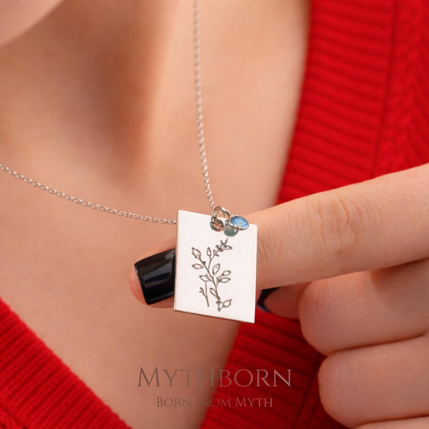 Birth Flower and Birthstone Necklace with personalized square pendant in 925 sterling silver