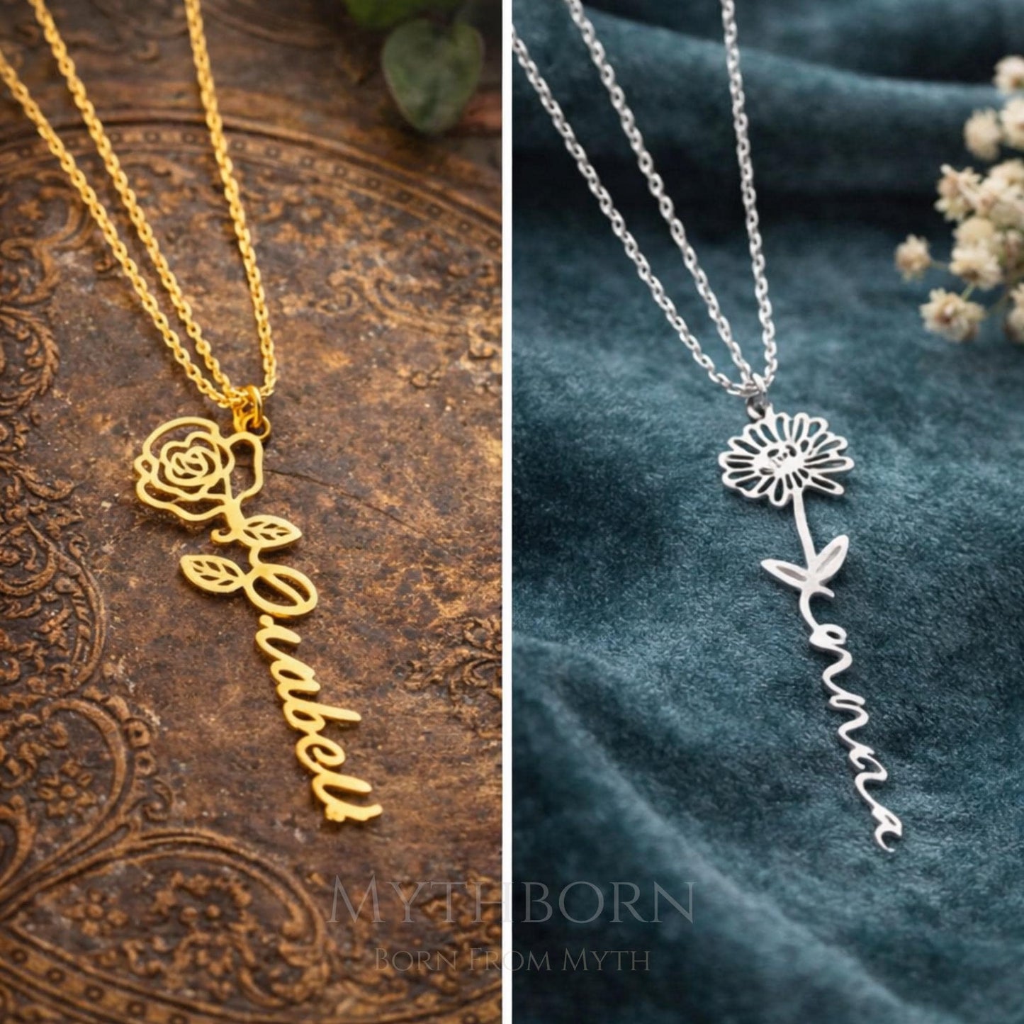 Personalized Name and Birth Flower Necklace with vertical custom pendant in 925 sterling silver