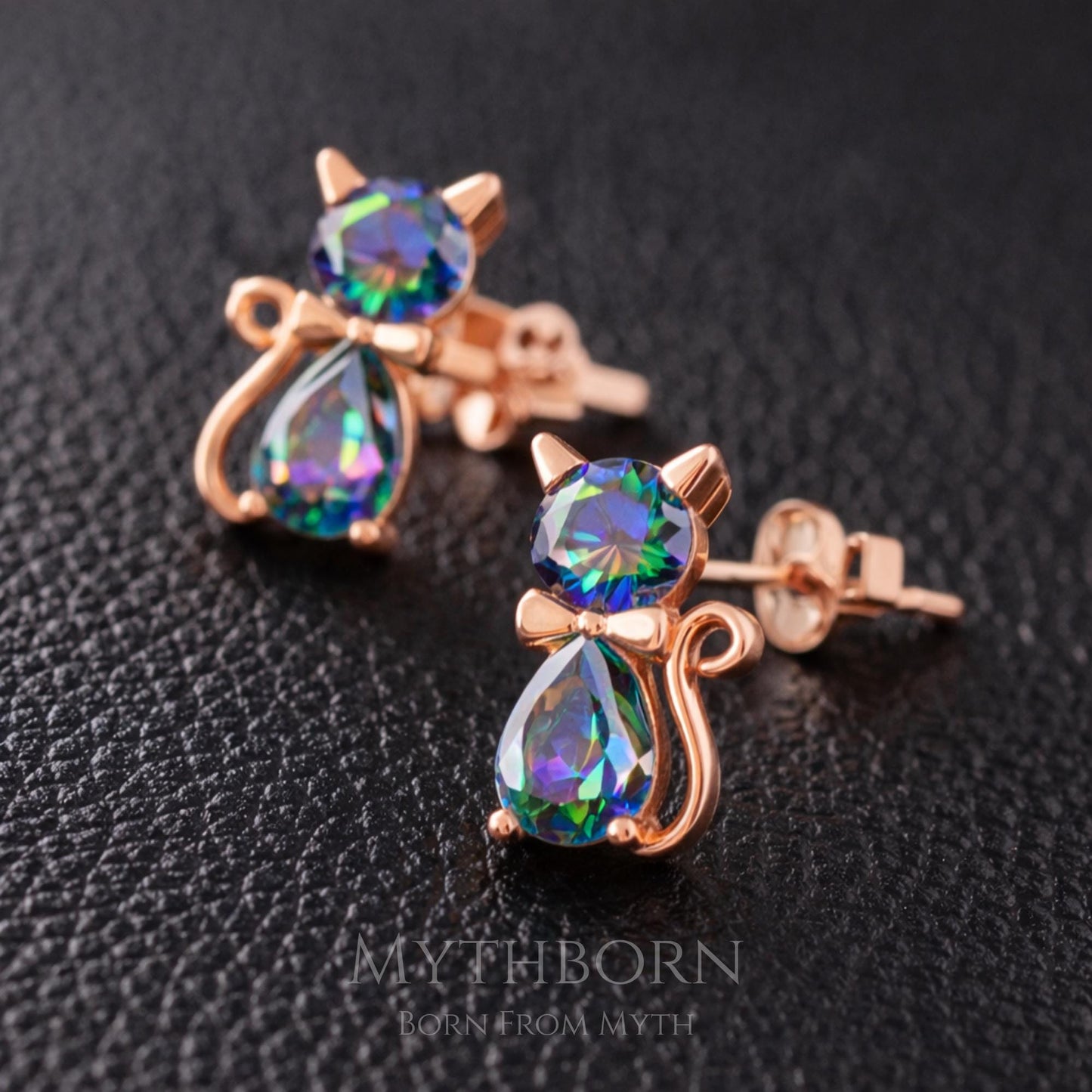 Cat Stud Earrings with mystic topaz design in 925 sterling silver