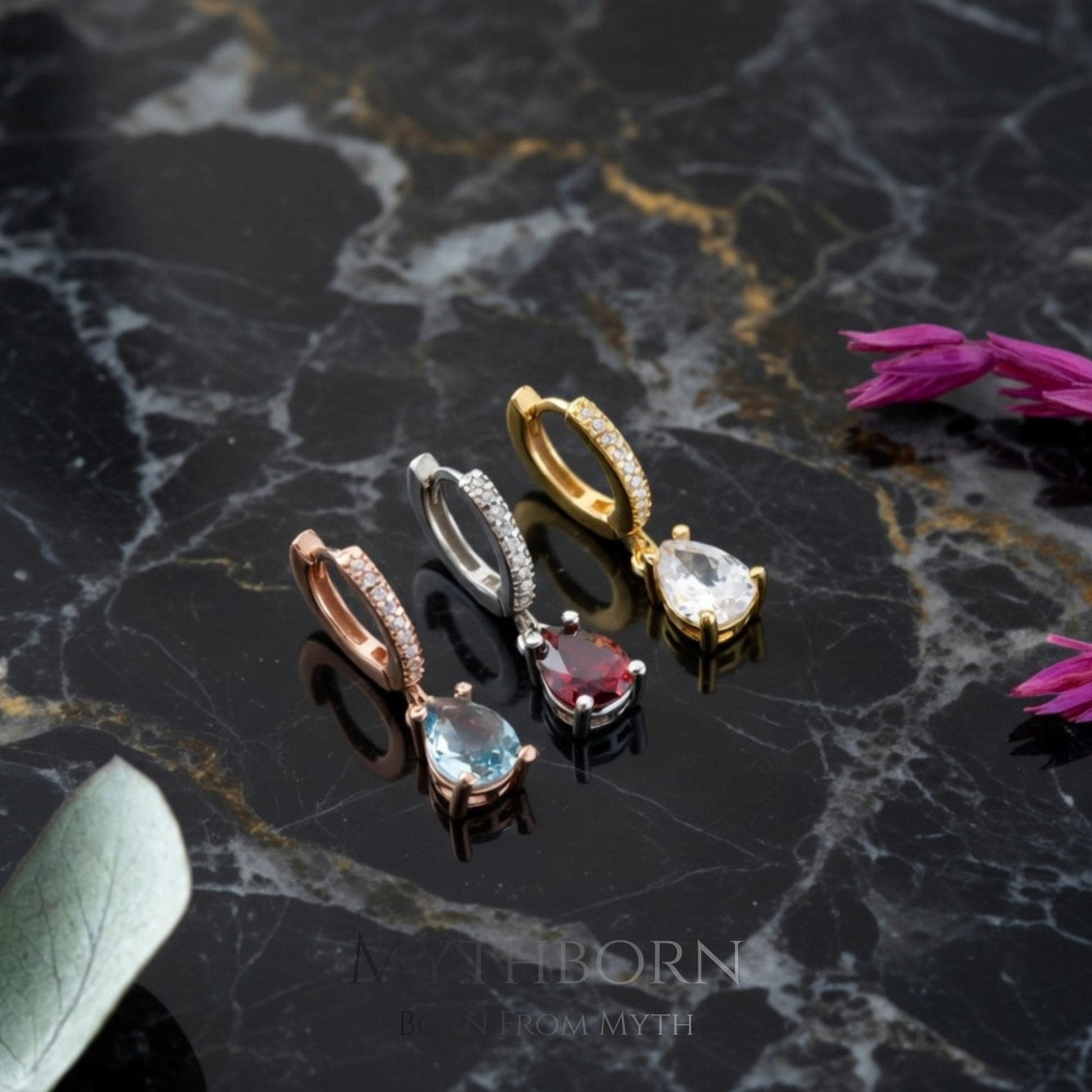 Birthstone Teardrop Hoop Earrings with personalized dainty hoops in 925 sterling silver