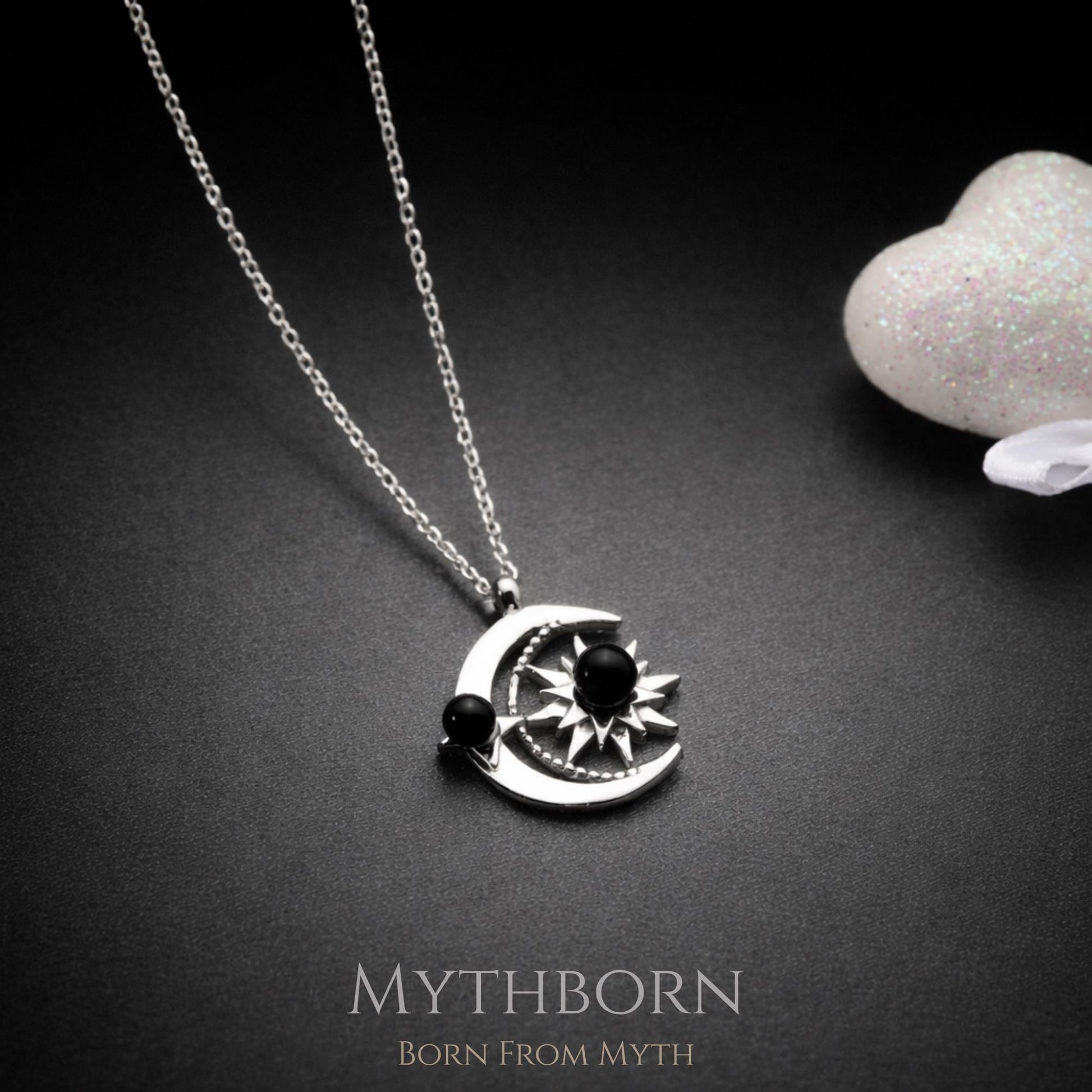 Sun and Moon Necklace with black pearl celestial pendant in 925 sterling silver