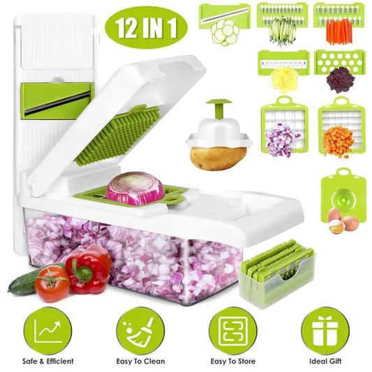 12-in-1 Vegetable Chopper - Food Slicer, Dicer & Grater with Container