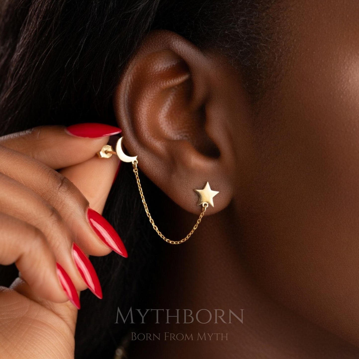 Moon and Star Threader Earrings with celestial chain design in 925 sterling silver