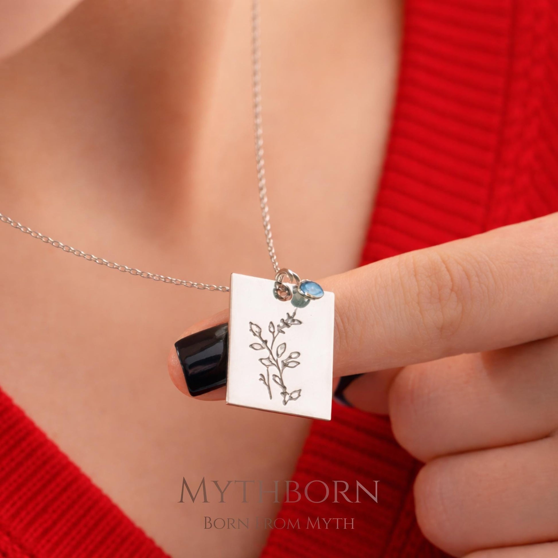 Birth Flower and Birthstone Necklace with personalized square pendant in 925 sterling silver