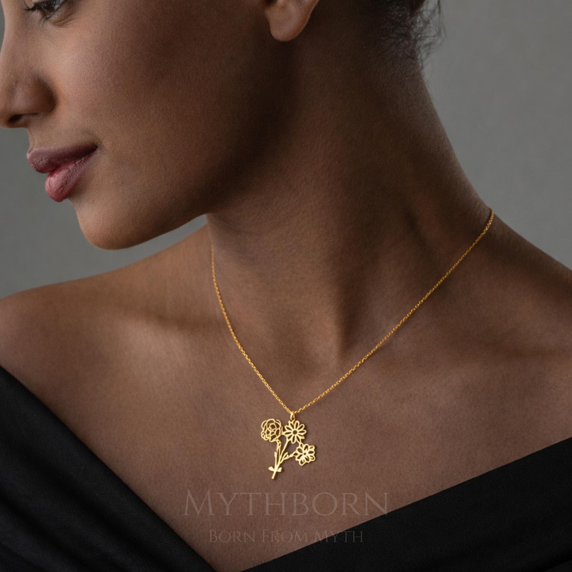 Personalized Birth Flower Necklace with custom floral pendant in 925 sterling silver