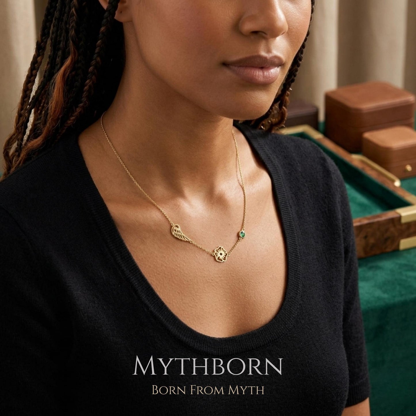 Personalized Angel Wing Necklace with birth flower and birthstone in 925 sterling silver