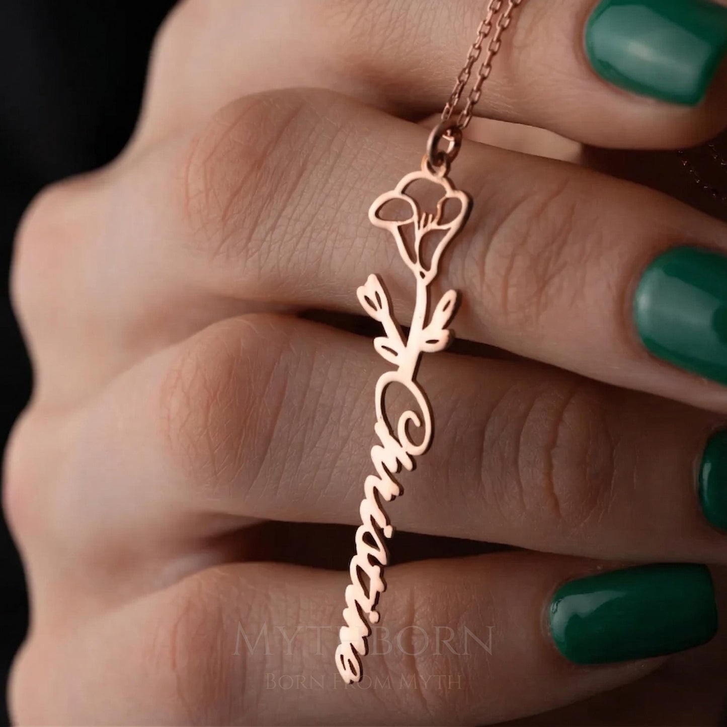 Personalized Name and Birth Flower Necklace with vertical custom pendant in 925 sterling silver