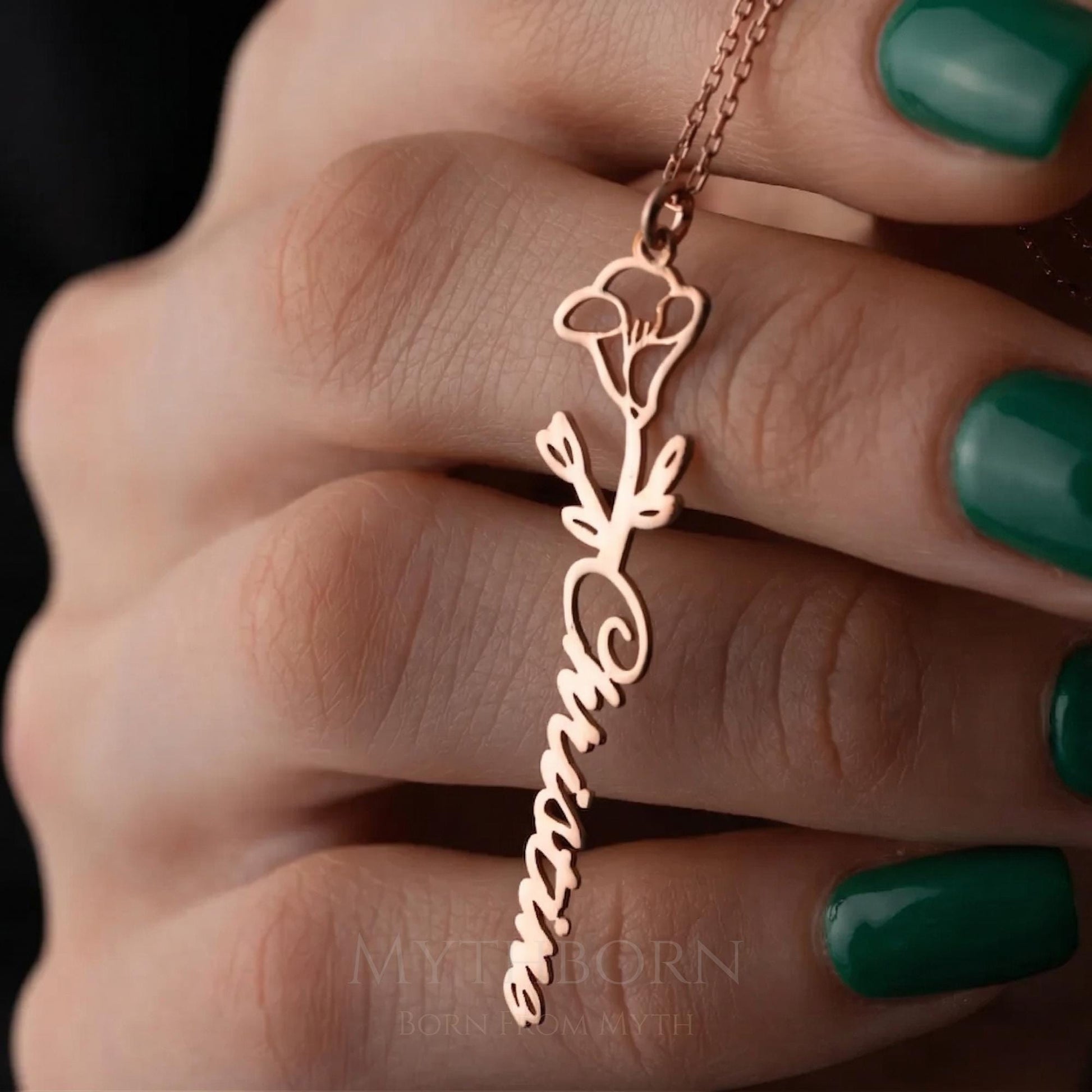 Personalized Name and Birth Flower Necklace with vertical custom pendant in 925 sterling silver