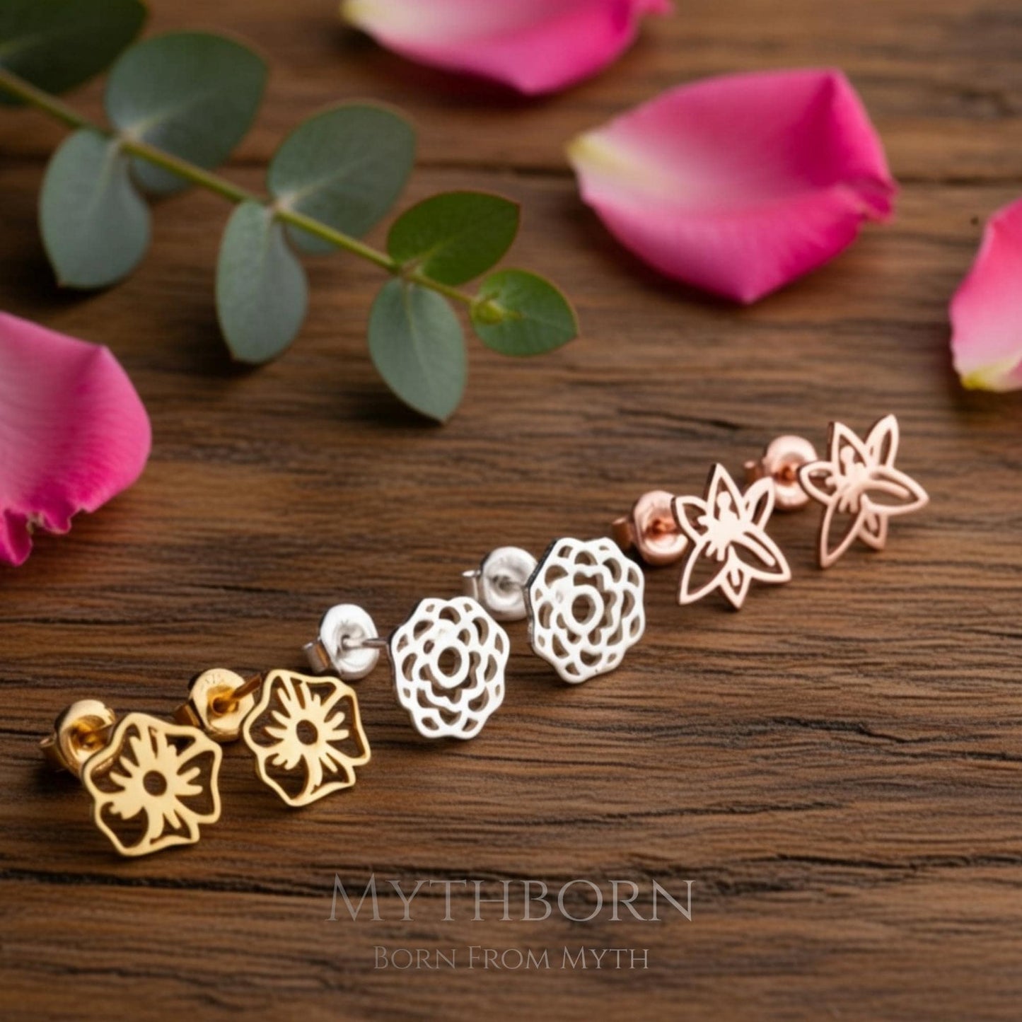 Birth Flower Stud Earrings with personalized floral studs in 925 sterling silver