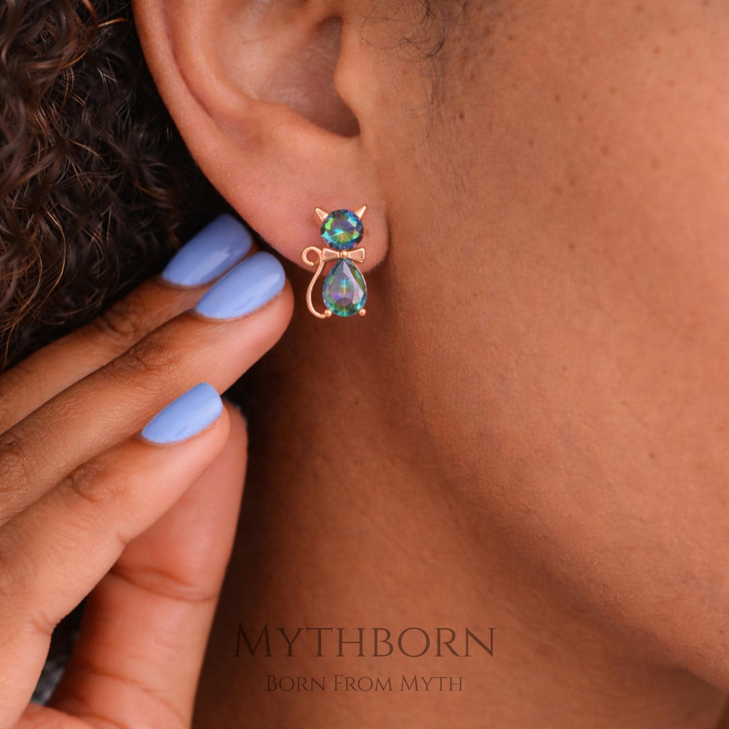 Cat Stud Earrings with mystic topaz design in 925 sterling silver