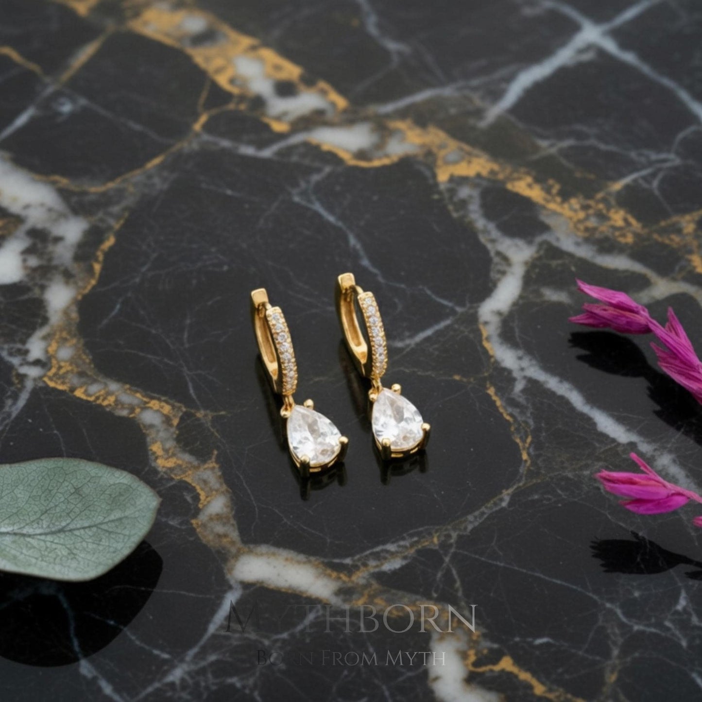 Birthstone Teardrop Hoop Earrings with personalized dainty hoops in 925 sterling silver
