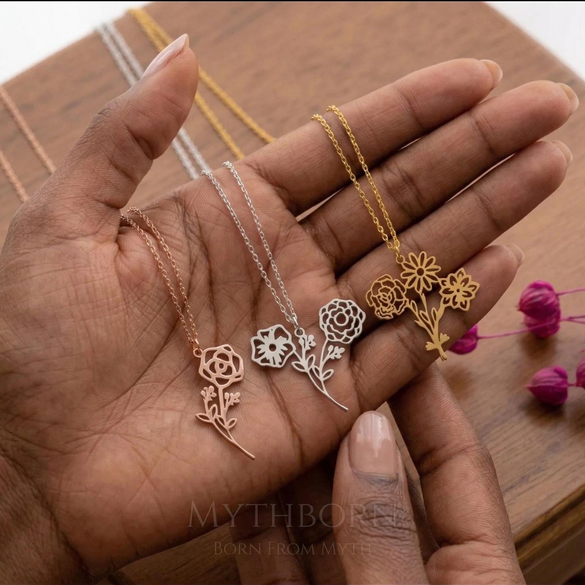 Personalized Birth Flower Necklace with custom floral pendant in 925 sterling silver