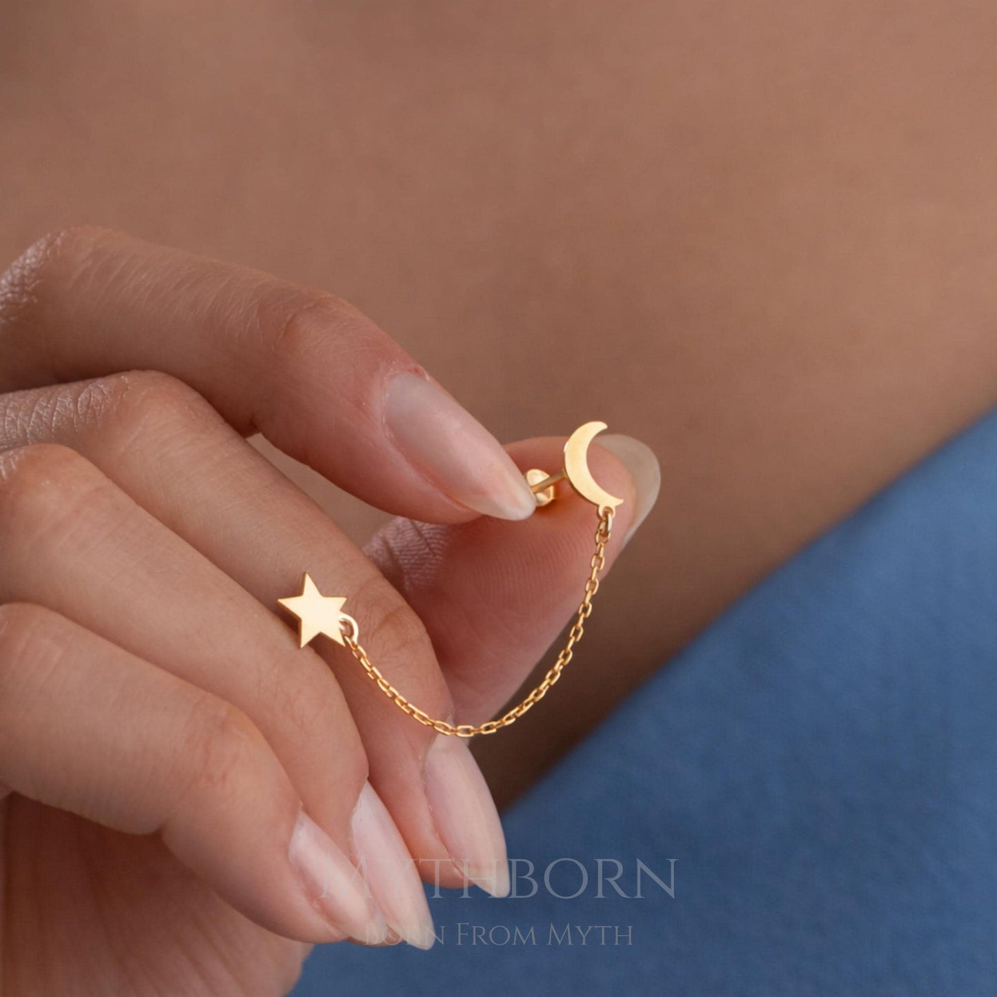 Moon and Star Threader Earrings with celestial chain design in 925 sterling silver