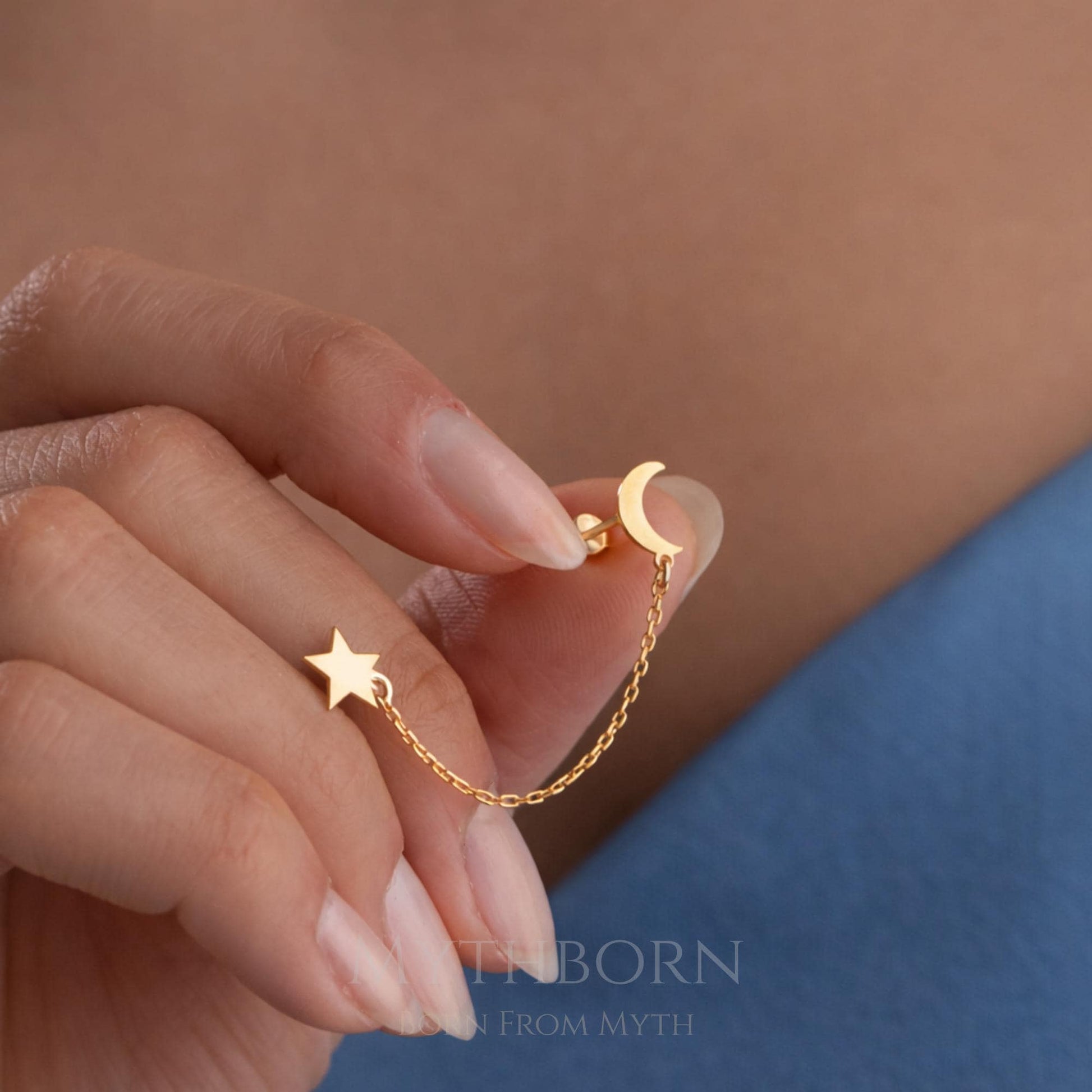 Moon and Star Threader Earrings with celestial chain design in 925 sterling silver