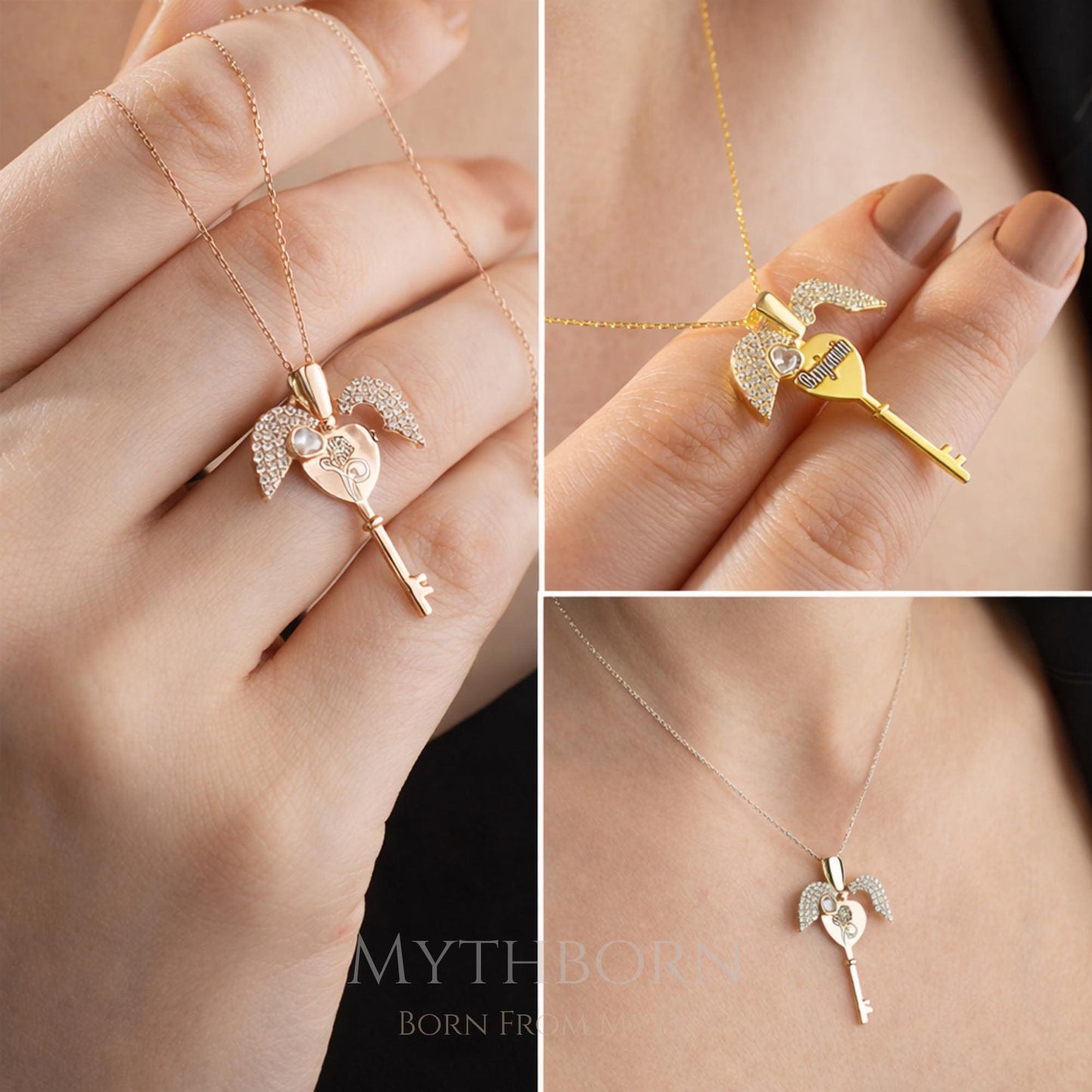 Personalized Key Heart Necklace with custom romantic pendant in 925 sterling silver