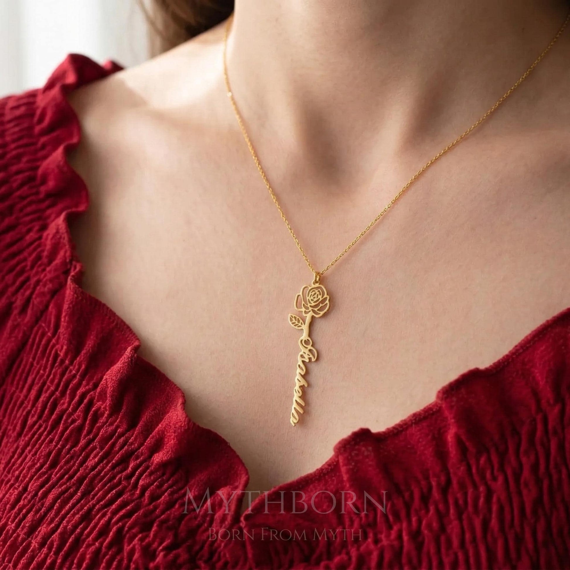Personalized Name and Birth Flower Necklace with vertical custom pendant in 925 sterling silver