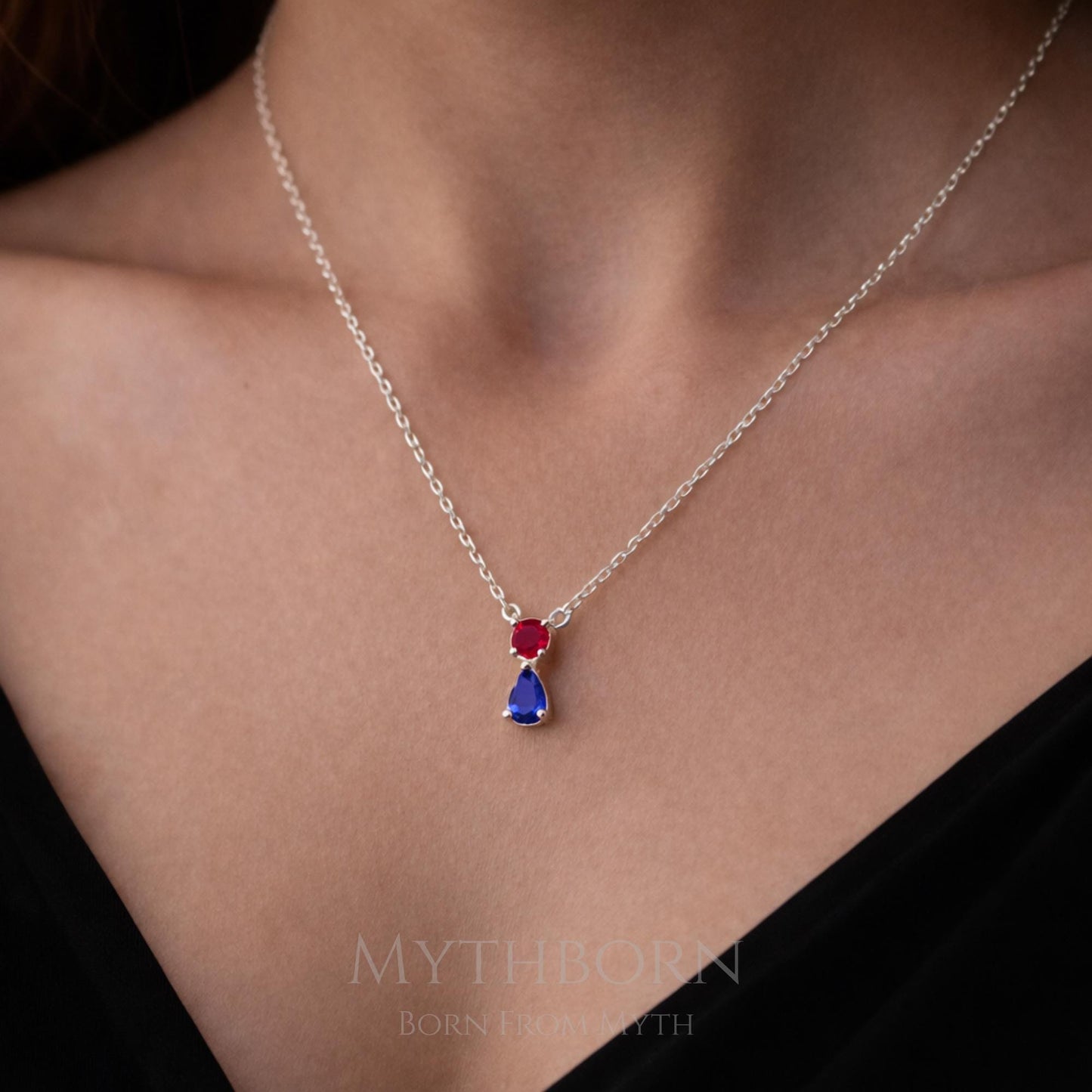 Double Birthstone Necklace with personalized two-stone keepsake in 925 sterling silver