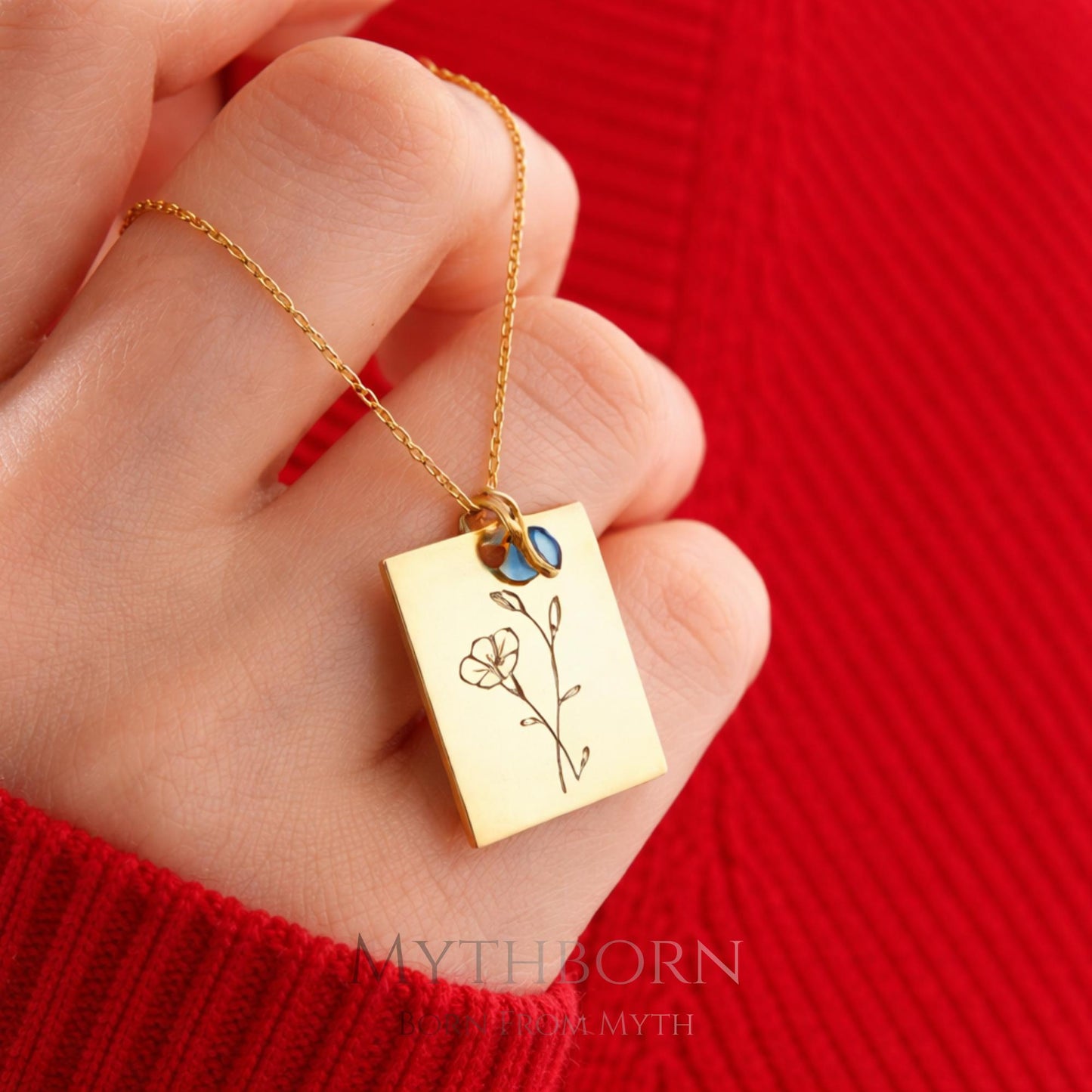 Birth Flower and Birthstone Necklace with personalized square pendant in 925 sterling silver