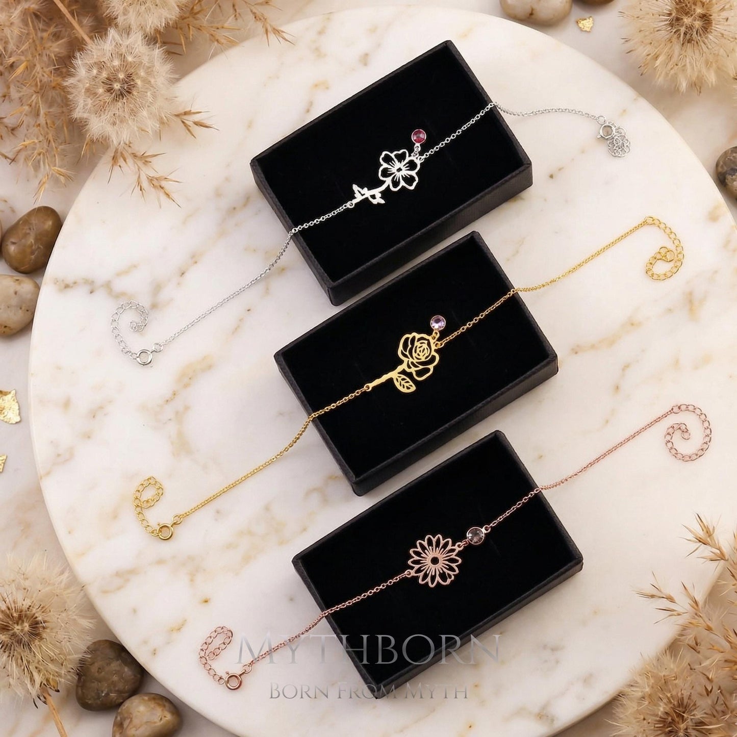 Personalized Birth Flower Bracelet with custom floral keepsake in 925 sterling silver