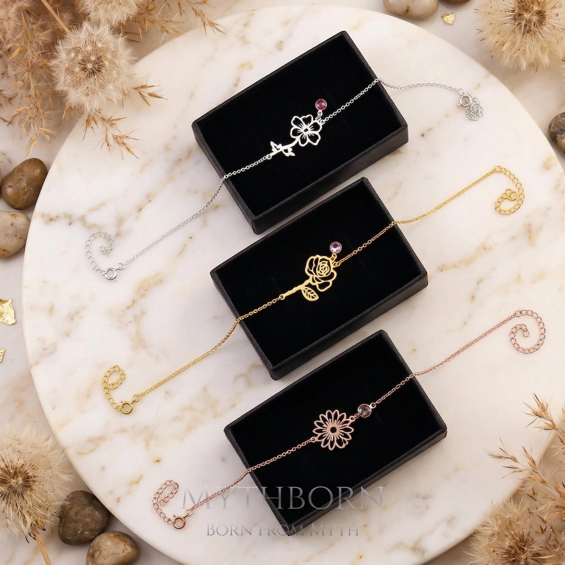 Personalized Birth Flower Bracelet with custom floral keepsake in 925 sterling silver