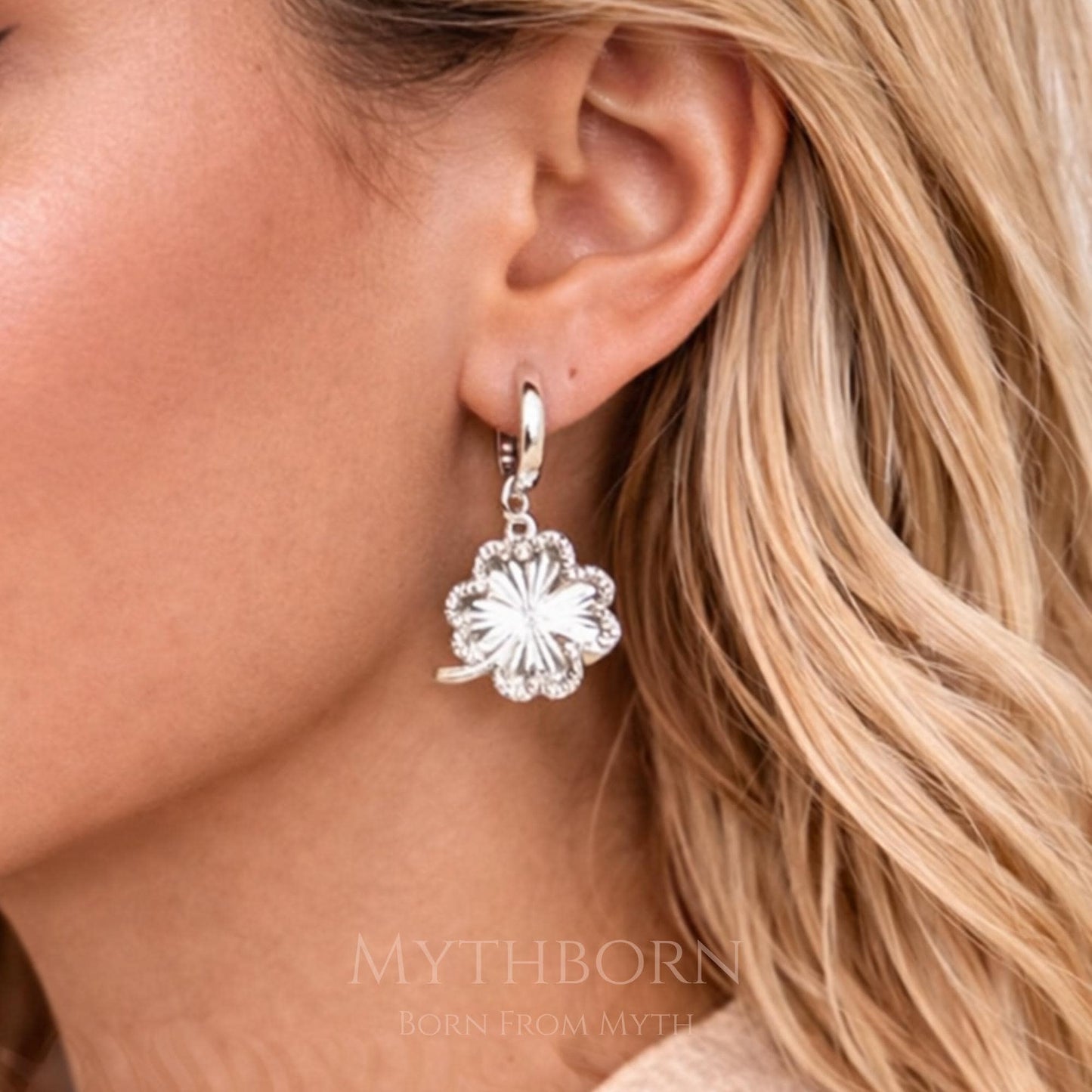 Clover Dangle Hoop Earrings with lucky charm design in 925 sterling silver