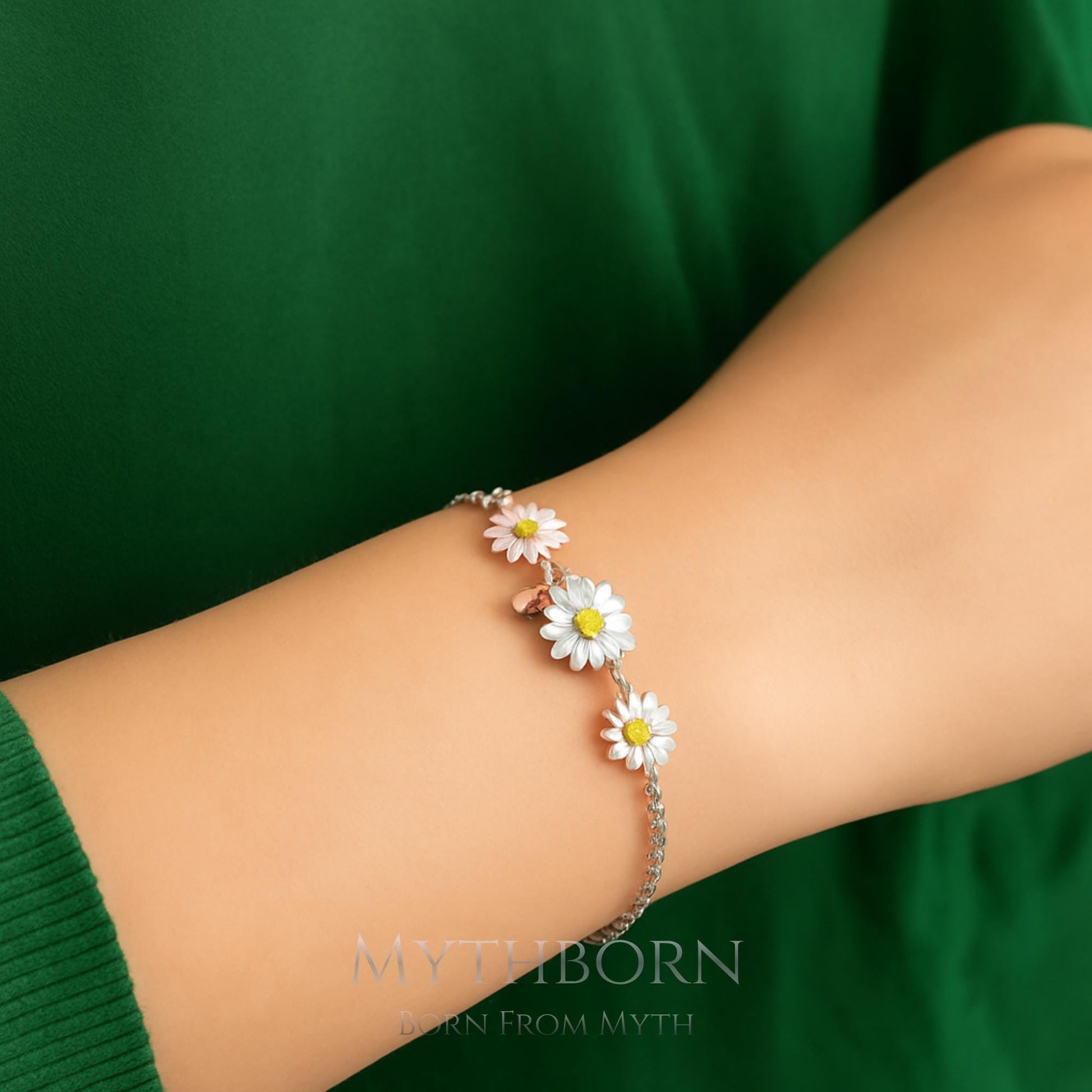 Personalized Daisy Birthstone Bracelet with floral keepsake in 925 sterling silver