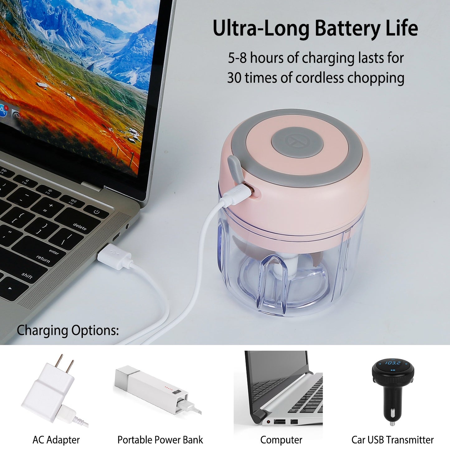 Mini Electric Garlic Chopper - Cordless Rechargeable Food Mincer 8.45OZ