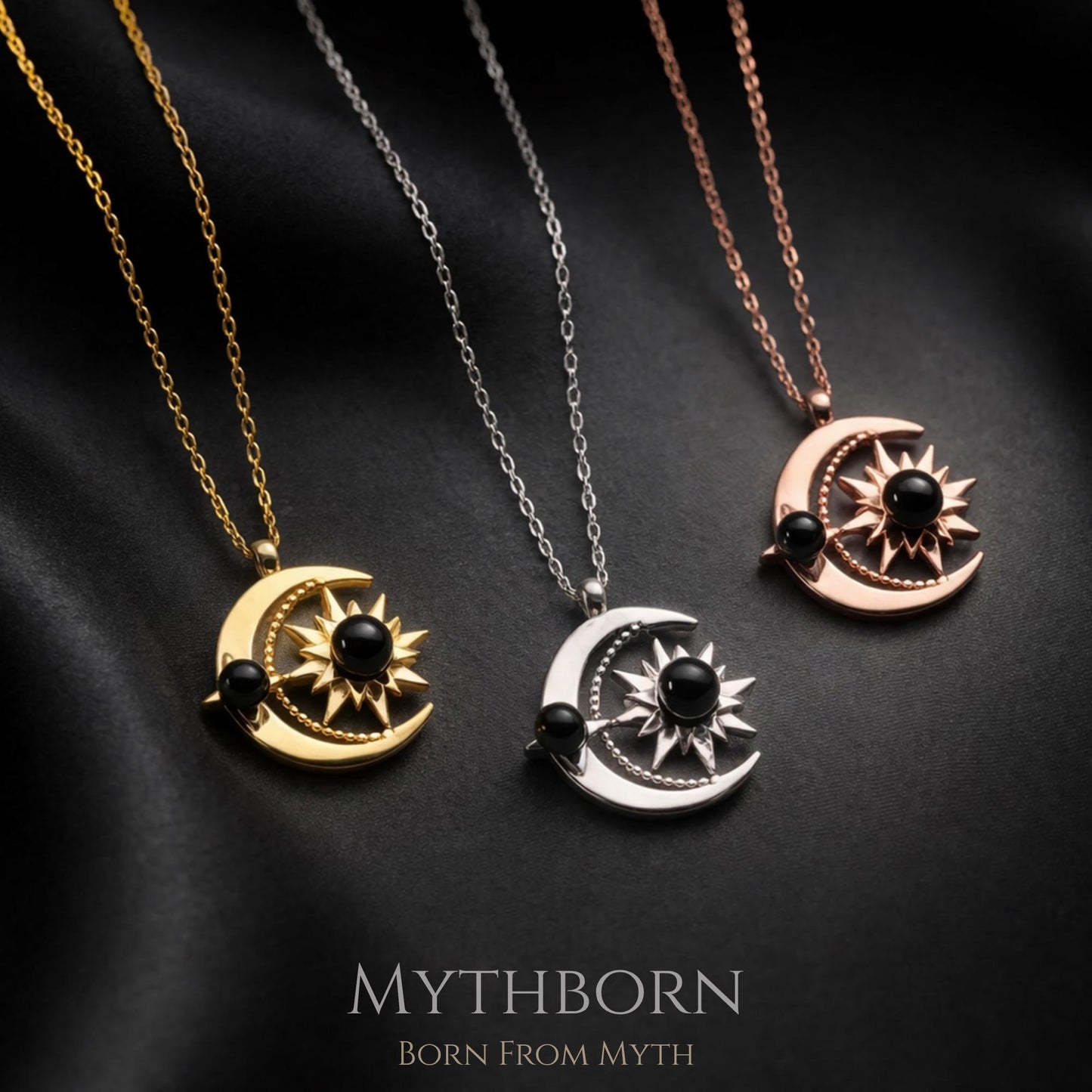 Sun and Moon Necklace with black pearl celestial pendant in 925 sterling silver