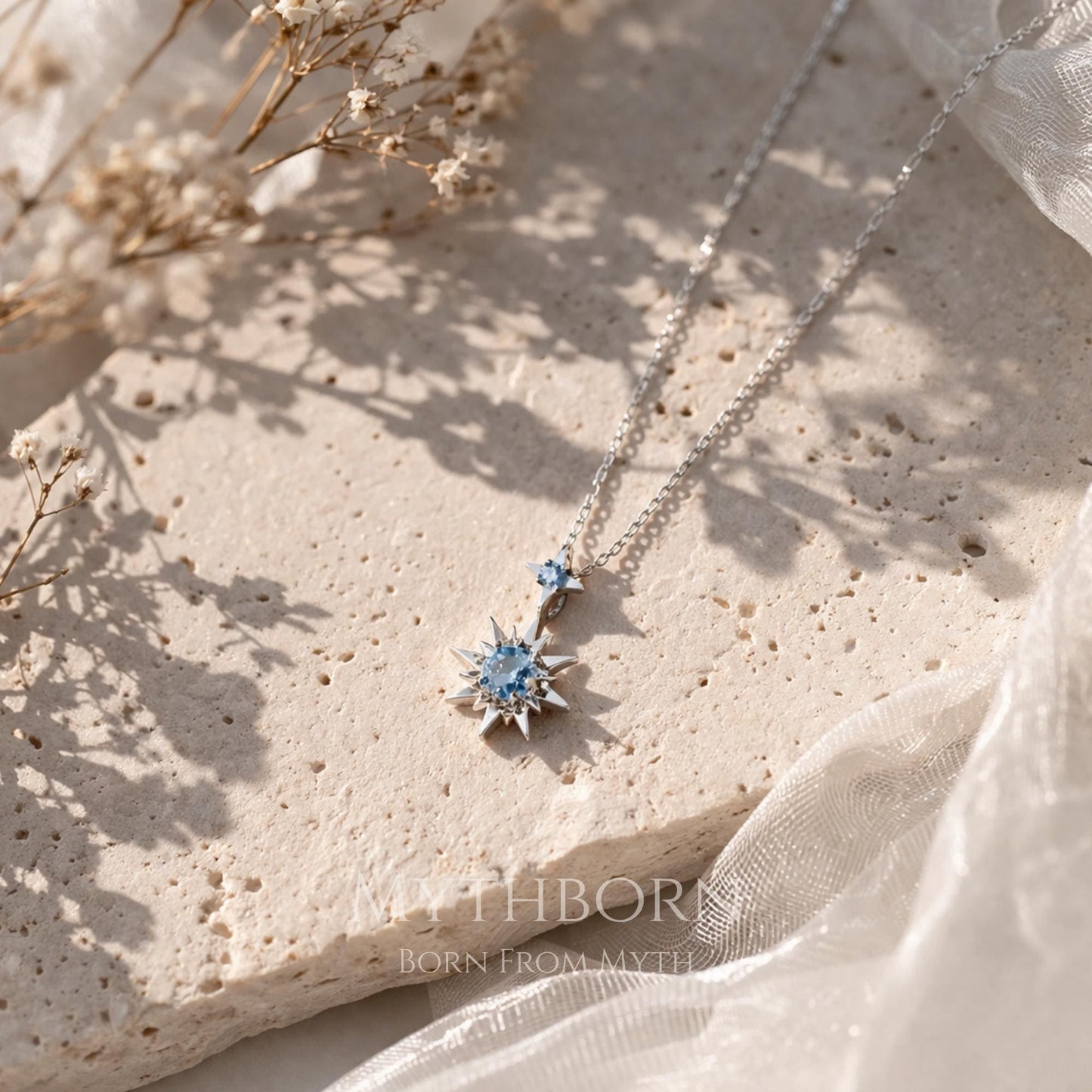 Birthstone Star Necklace with personalized celestial pendant in 925 sterling silver