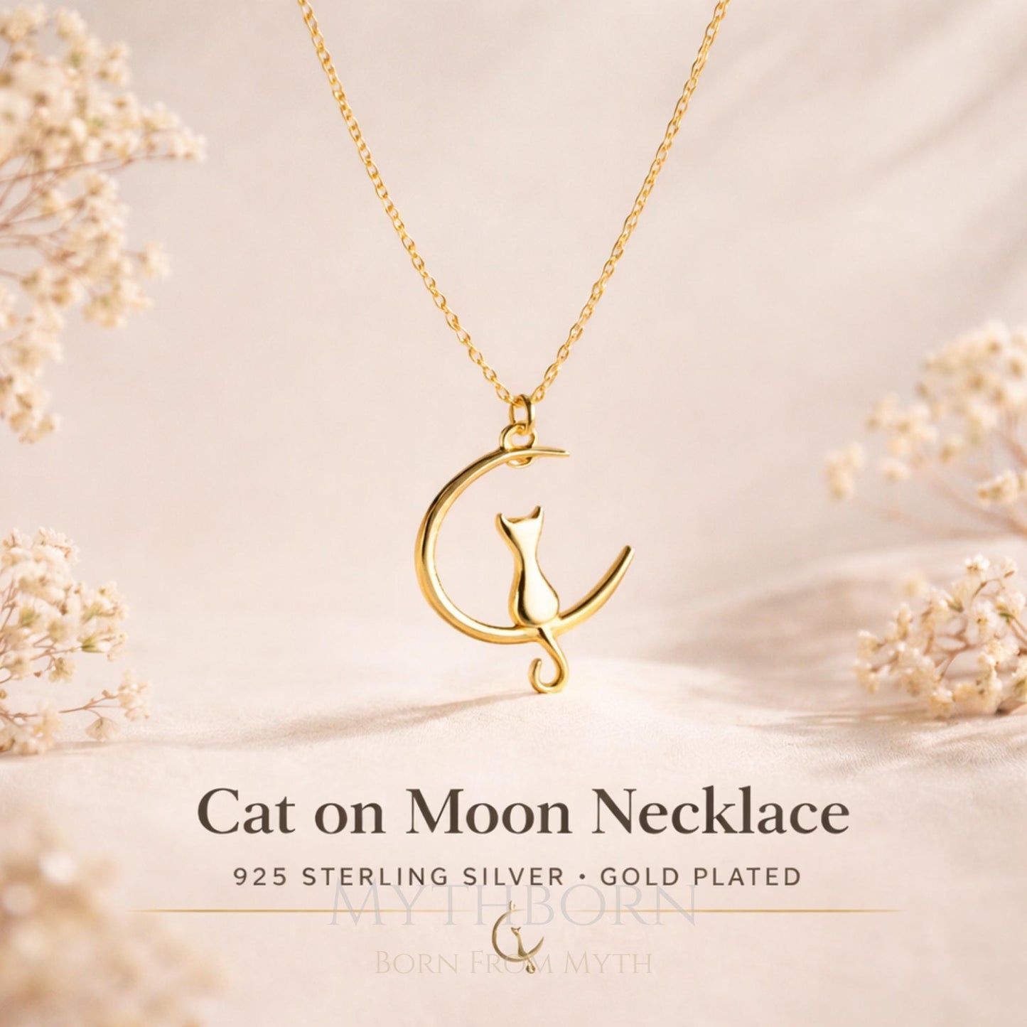 Cat on Moon Necklace with celestial cat lover pendant in 925 sterling silver