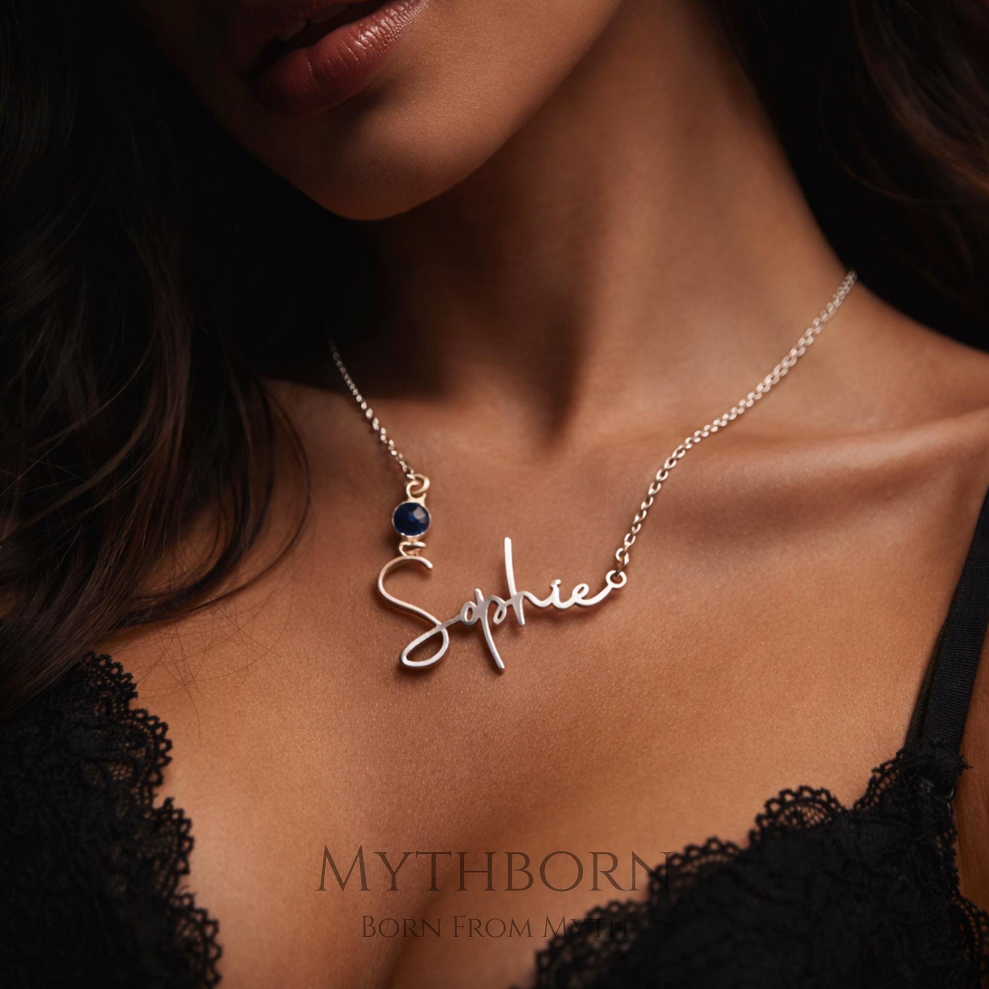 Personalized Name Necklace with Birthstone, script keepsake in 925 sterling silver