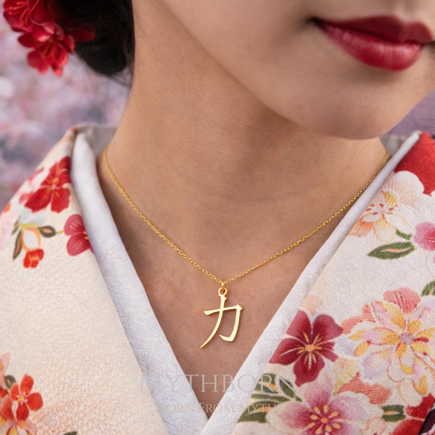Kanji Strength Necklace with symbolic chikara pendant in 925 sterling silver