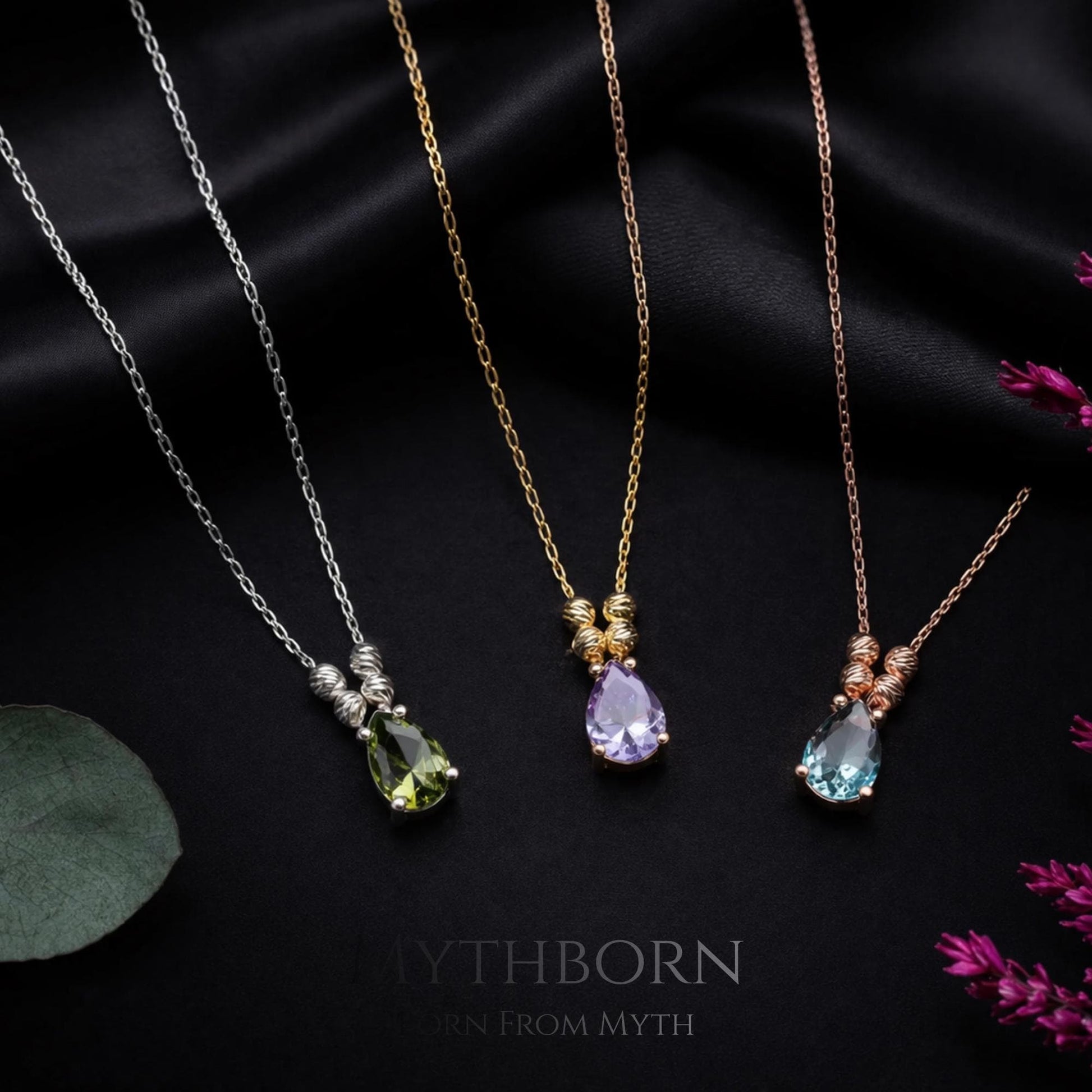 Teardrop Birthstone Necklace with personalized dainty pendant in 925 sterling silver