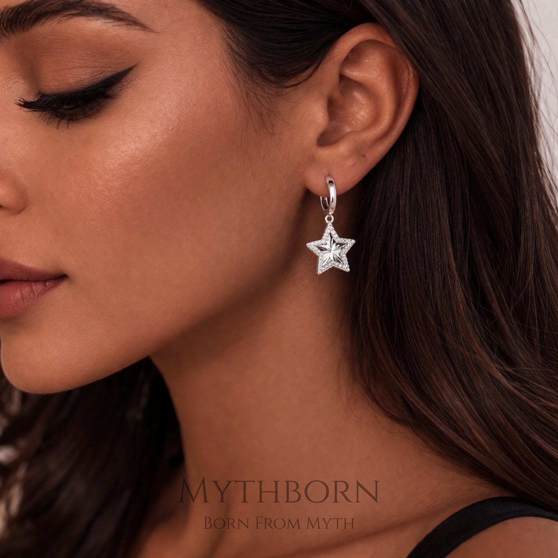 Star Dangle Hoop Earrings with celestial charm design in 925 sterling silver