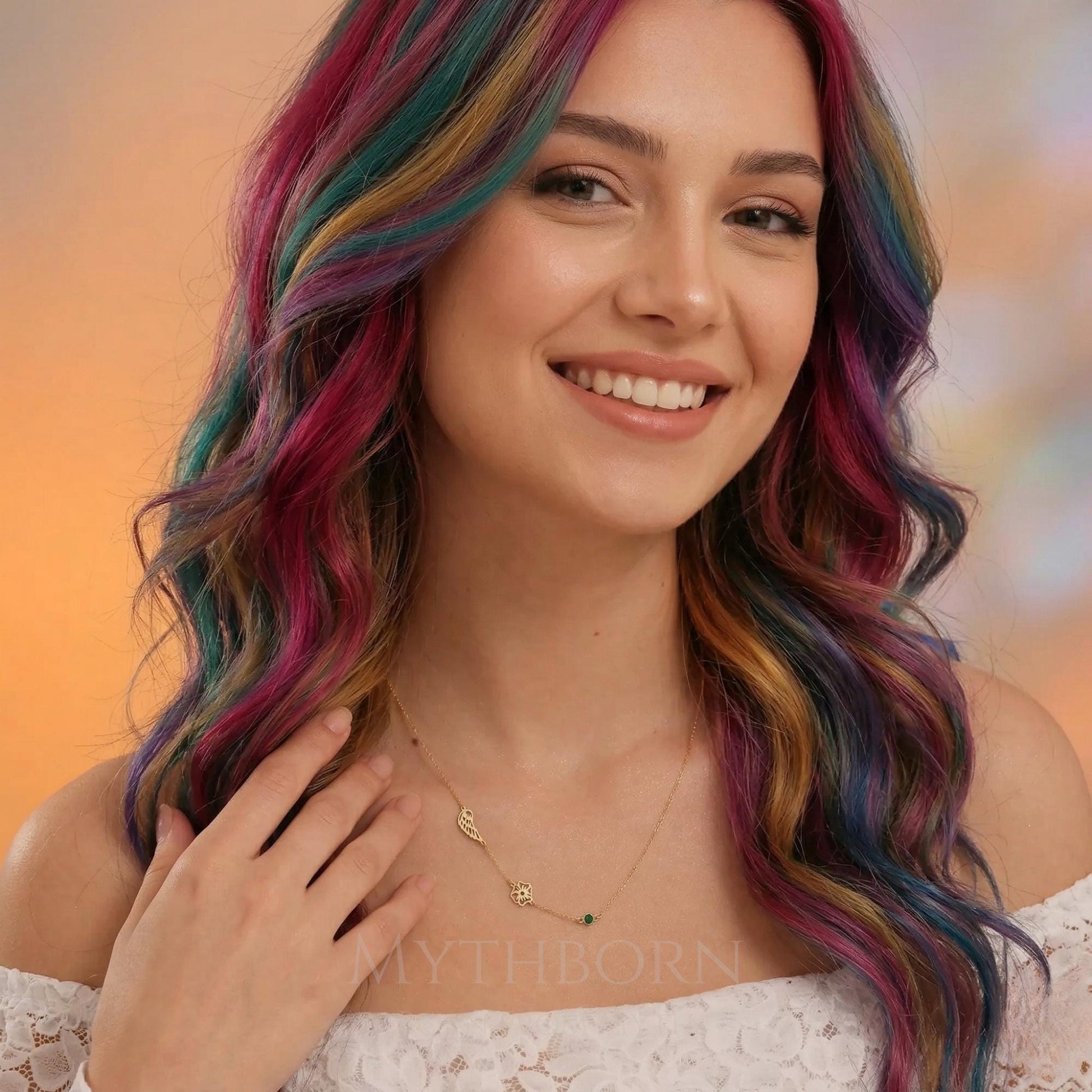 Personalized Angel Wing Necklace with birth flower and birthstone in 925 sterling silver