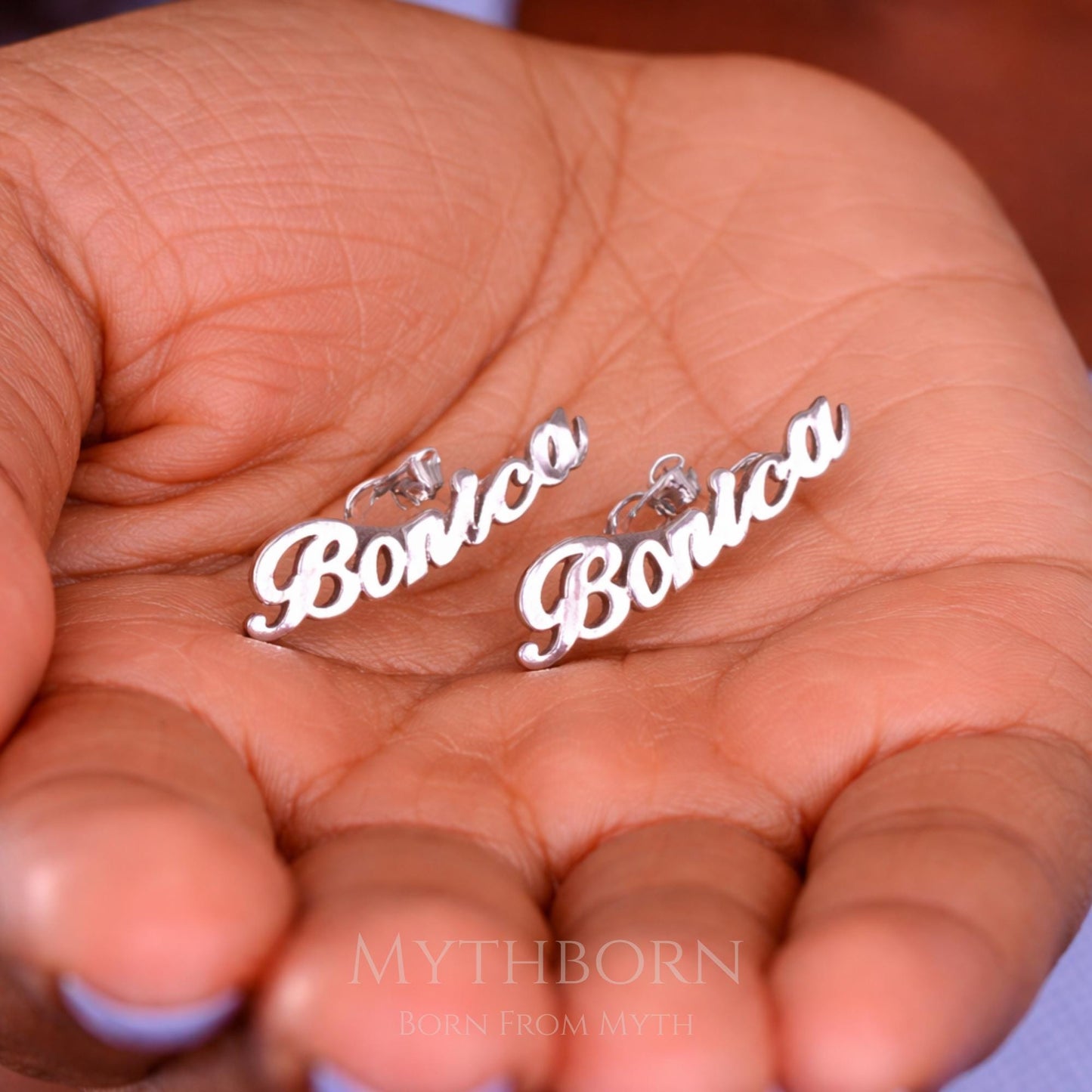 Personalized Name Earrings with custom script studs in 925 sterling silver