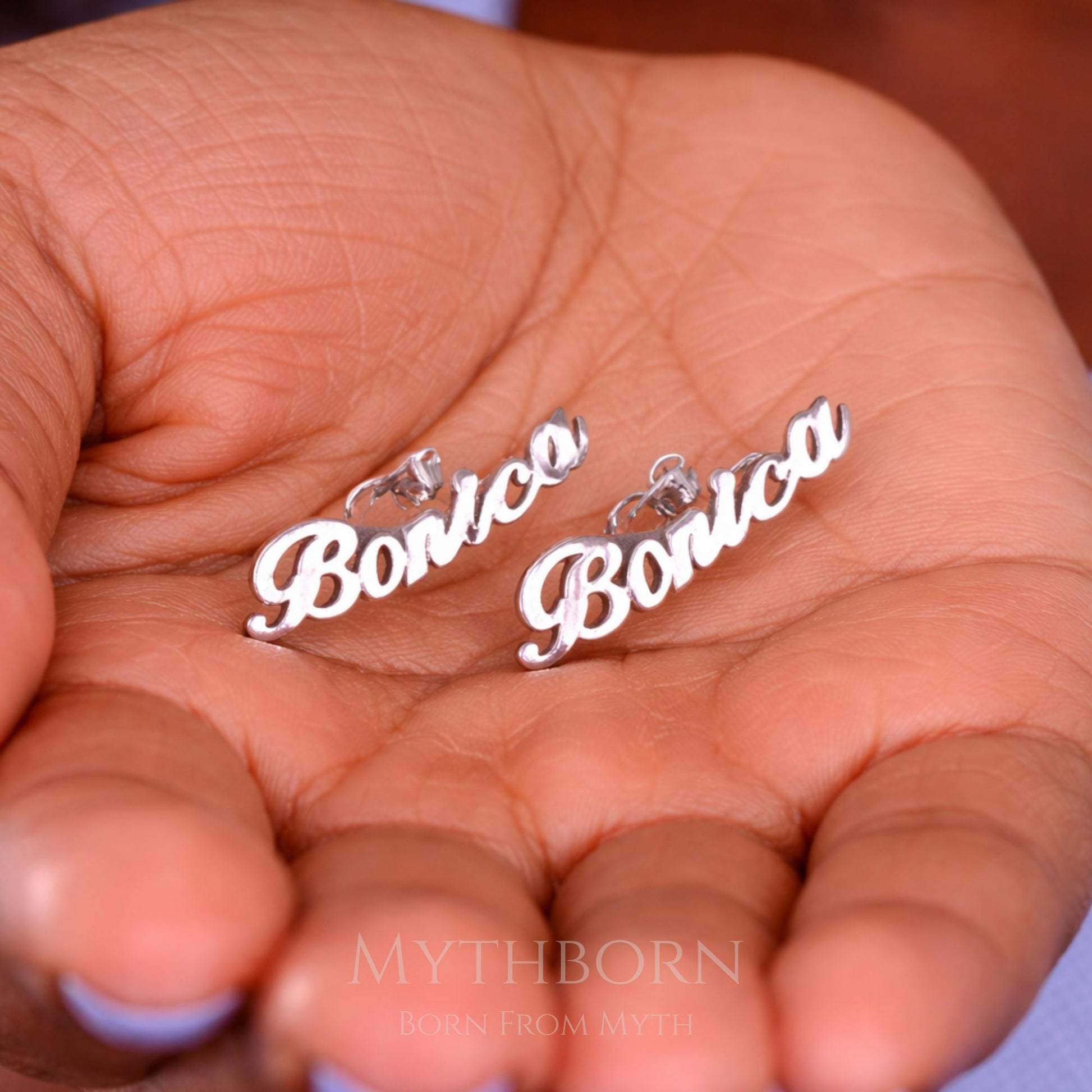 Personalized Name Earrings with custom script studs in 925 sterling silver