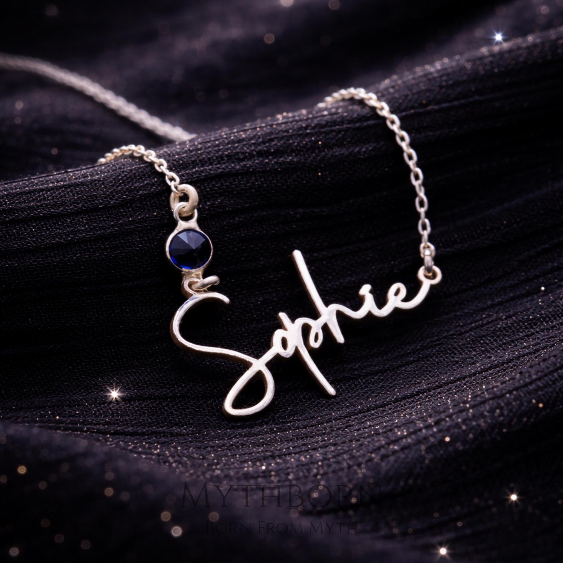 Personalized Name Necklace with Birthstone, script keepsake in 925 sterling silver