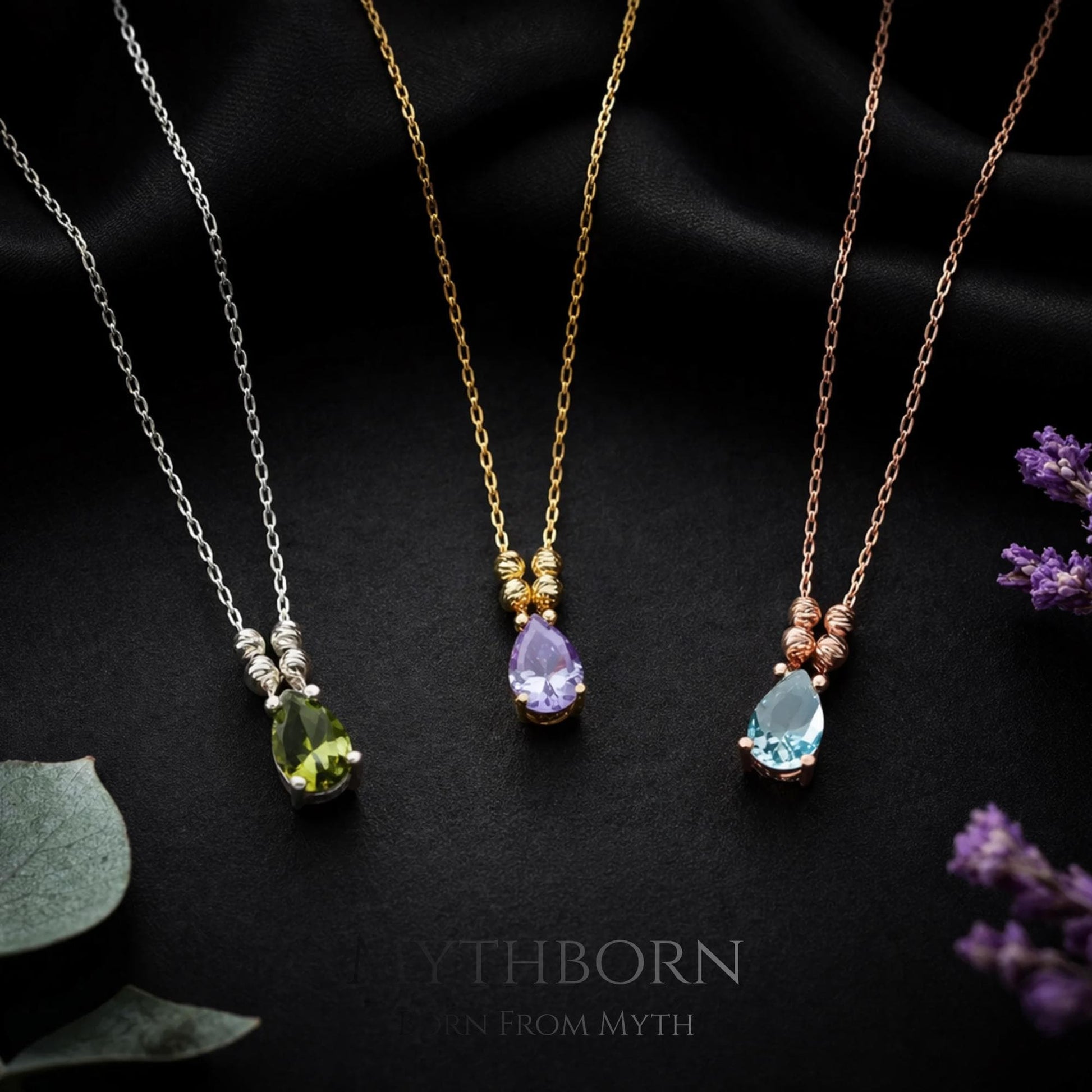 Teardrop Birthstone Necklace with personalized dainty pendant in 925 sterling silver