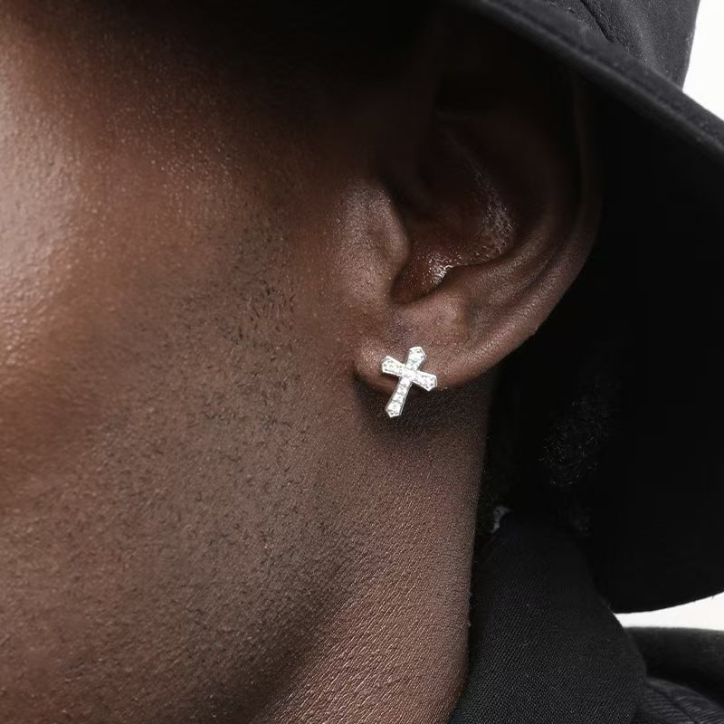 1 Pair Korean Trendy Zircon Cross Stud Earrings,Sparkling, Unisex.Hip Hop Piercing Jewelry