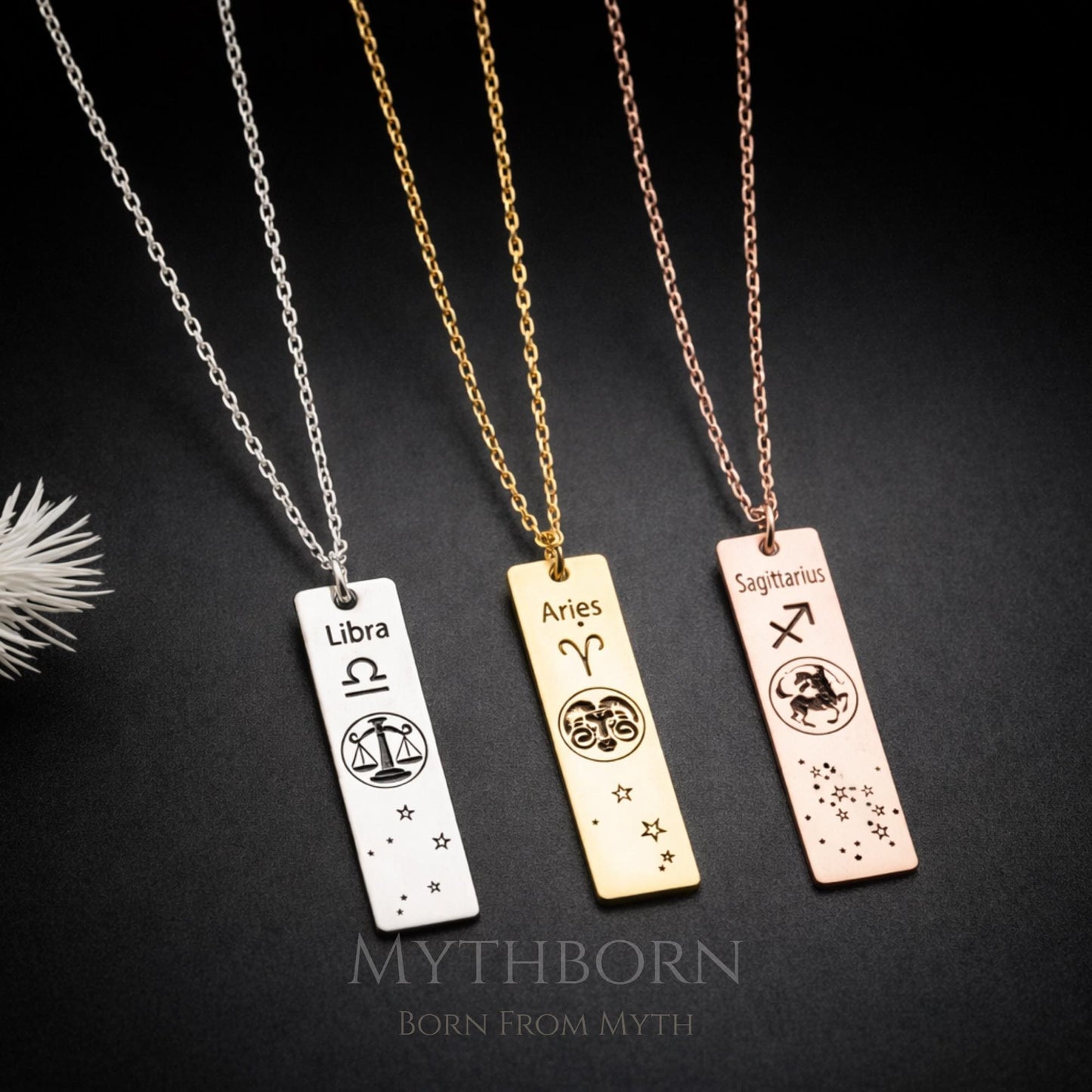 Personalized Zodiac Bar Necklace with custom celestial pendant in 925 sterling silver