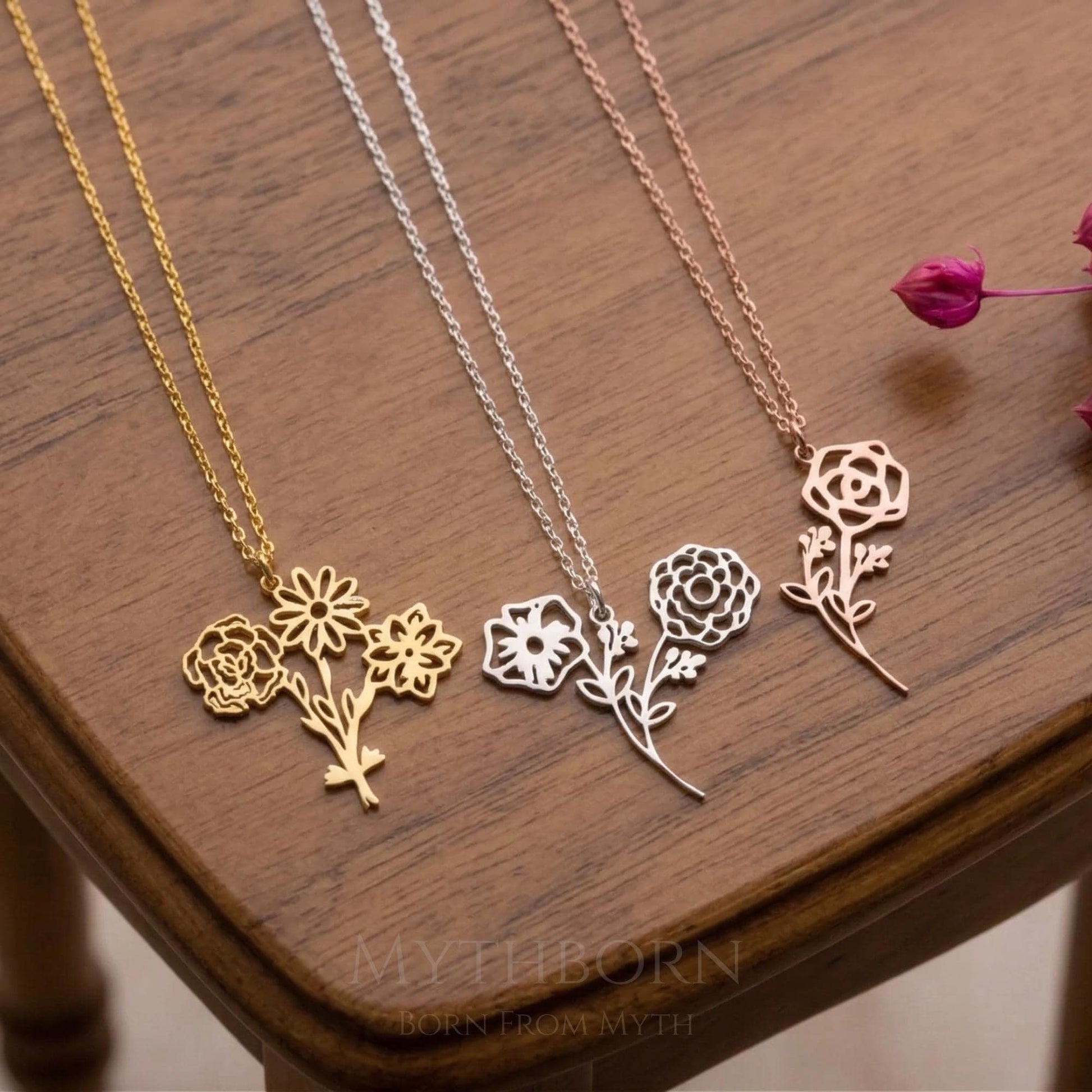 Personalized Birth Flower Necklace with custom floral pendant in 925 sterling silver