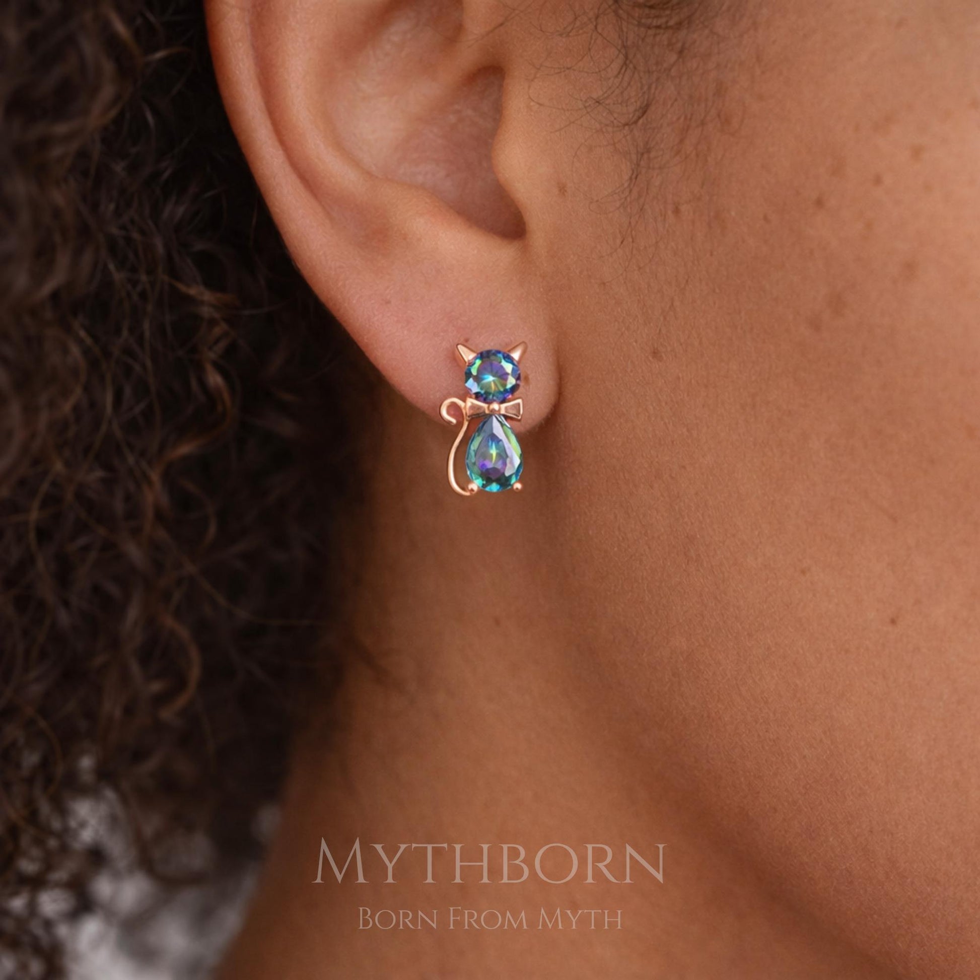 Cat Stud Earrings with mystic topaz design in 925 sterling silver