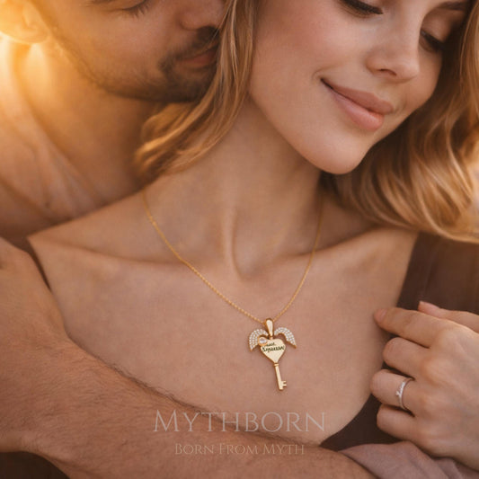 Personalized Key Heart Necklace with custom romantic pendant in 925 sterling silver