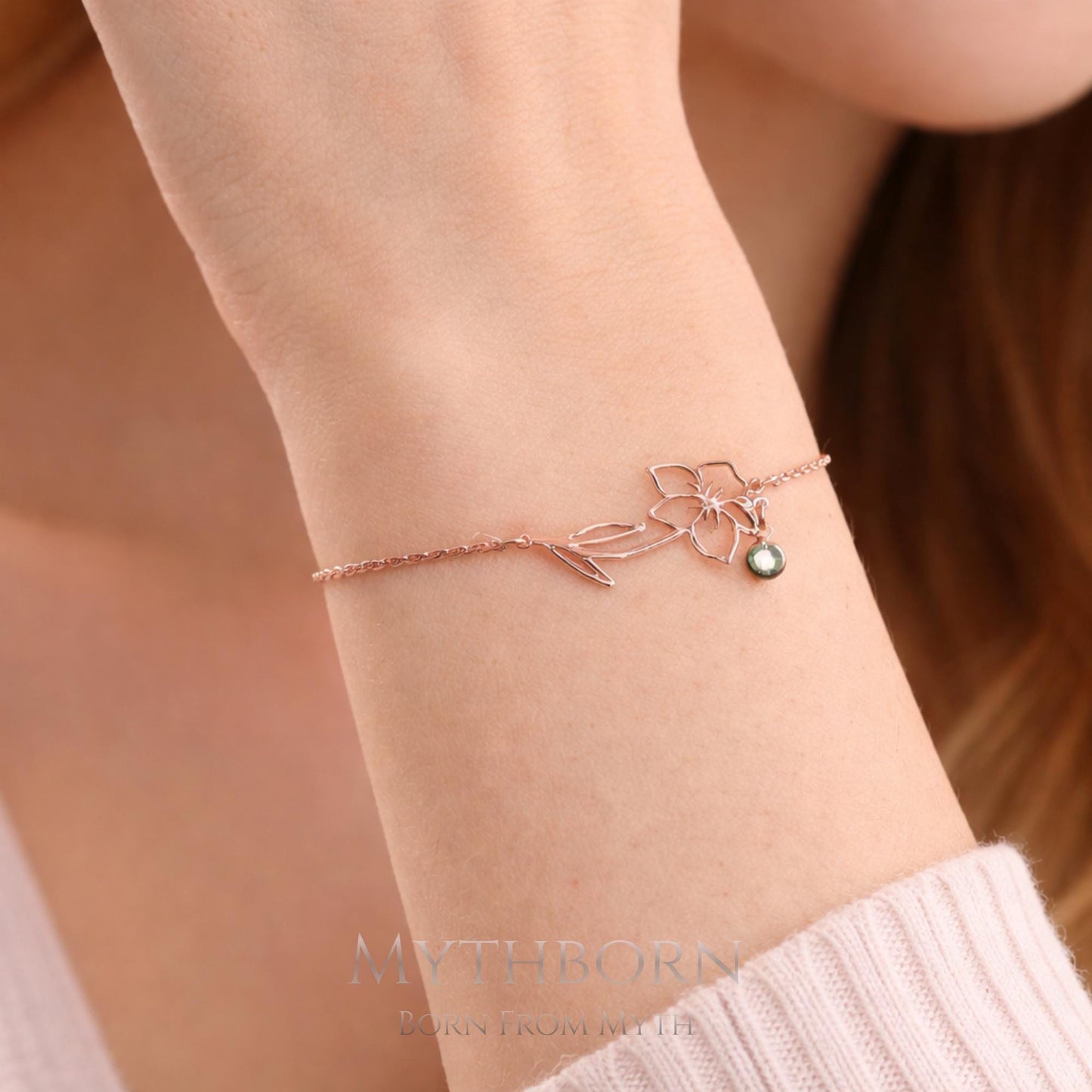 Personalized Birth Flower Bracelet with custom floral keepsake in 925 sterling silver