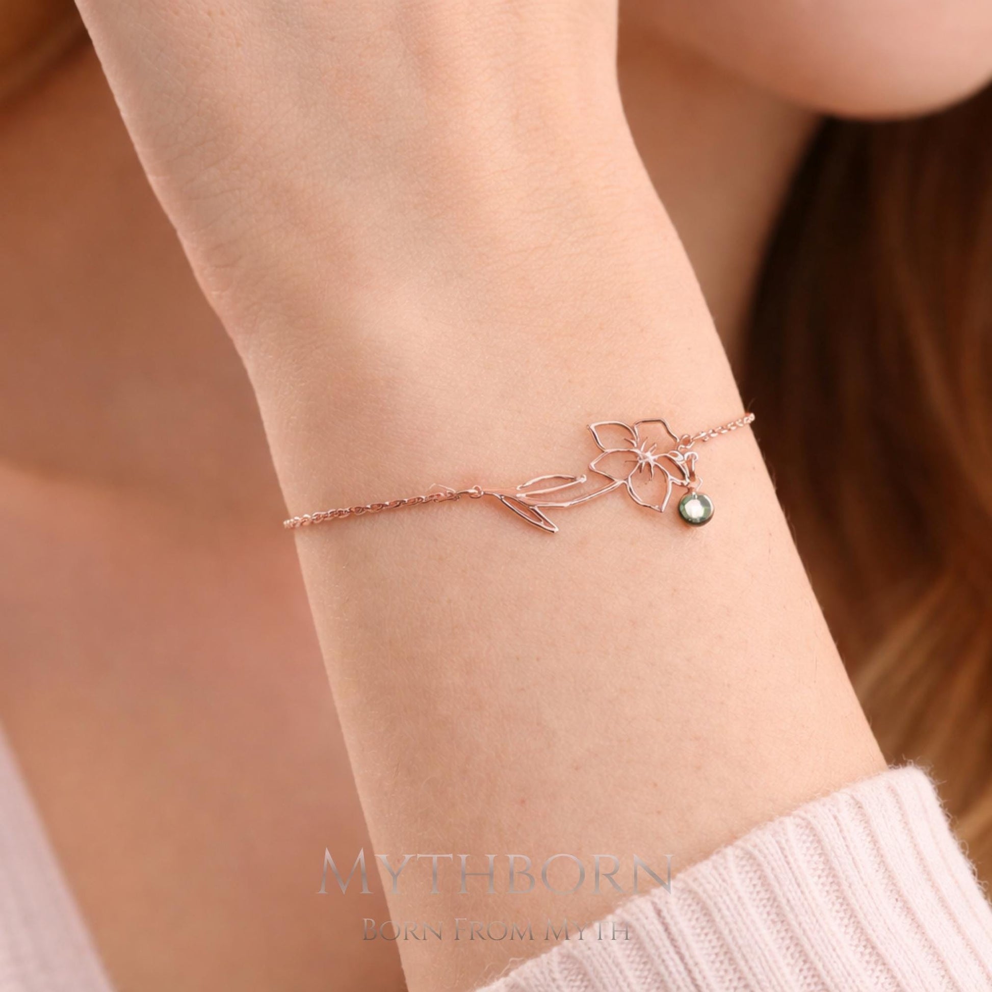Personalized Birth Flower Bracelet with custom floral keepsake in 925 sterling silver