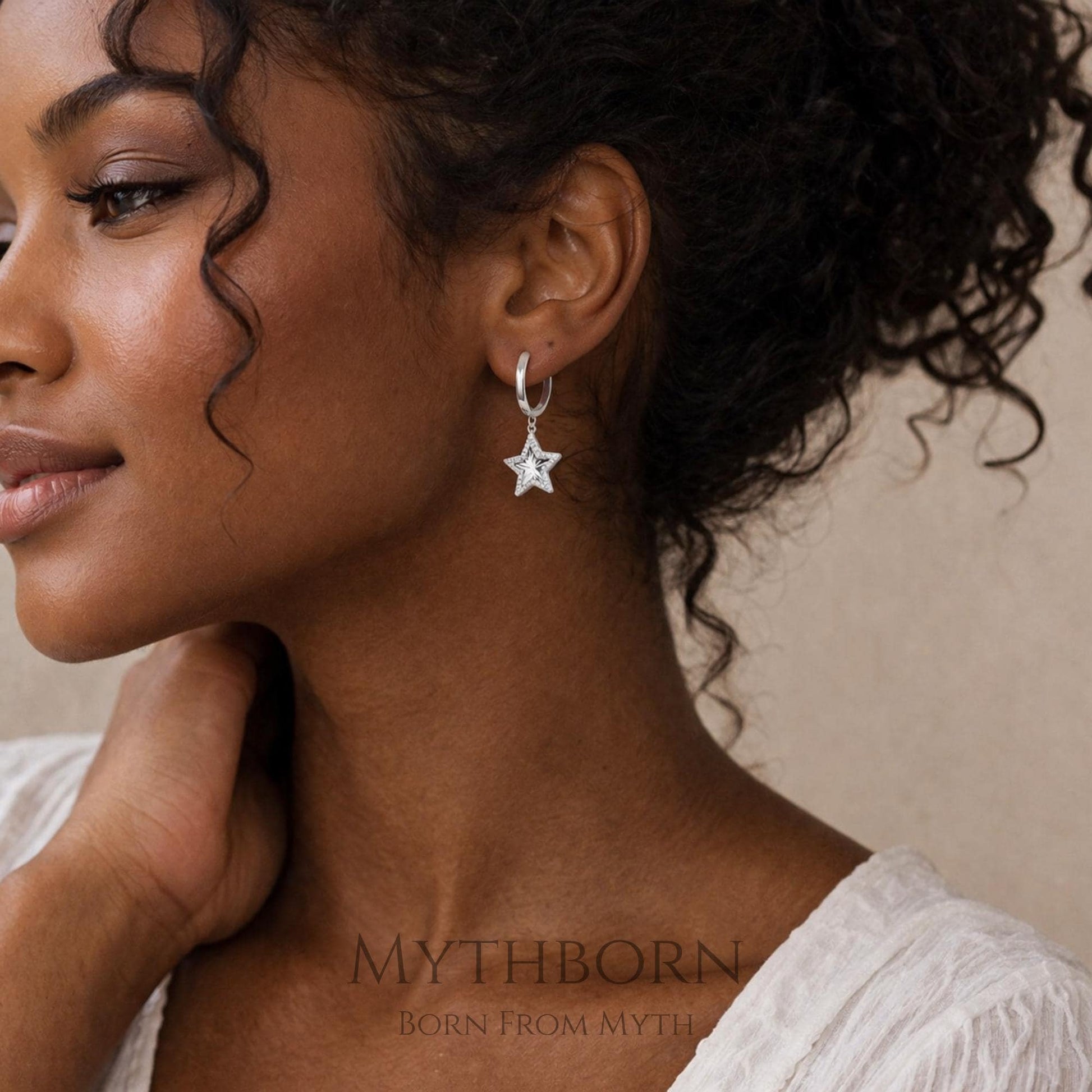 Star Dangle Hoop Earrings with celestial charm design in 925 sterling silver