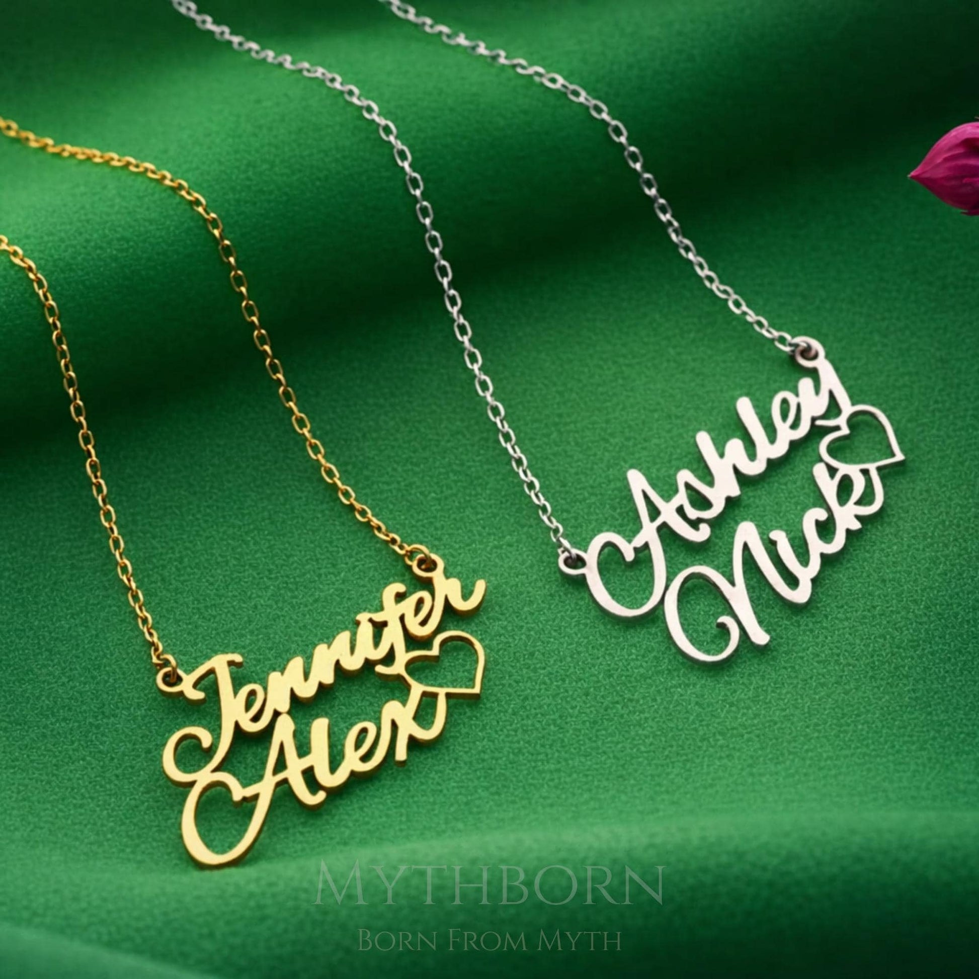 Custom Two Name Heart Necklace with romantic keepsake in 925 sterling silver