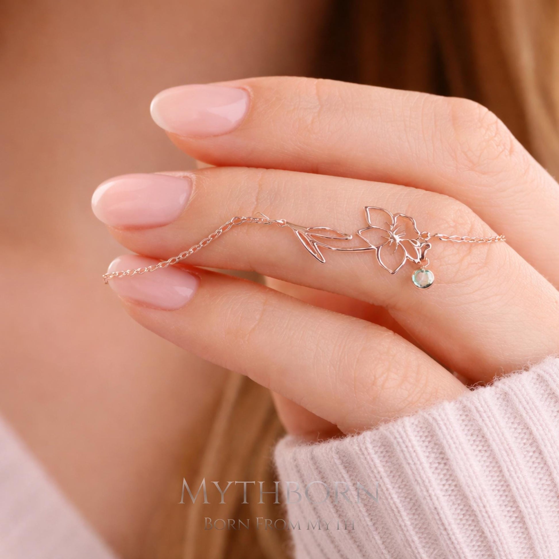 Personalized Birth Flower Bracelet with custom floral keepsake in 925 sterling silver
