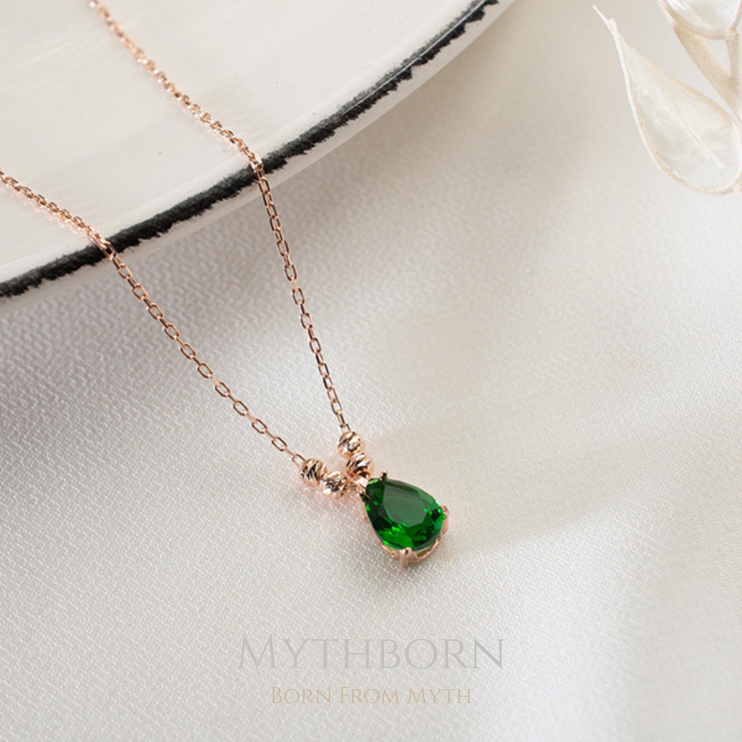 Emerald Teardrop Necklace with dainty gemstone pendant in 925 sterling silver